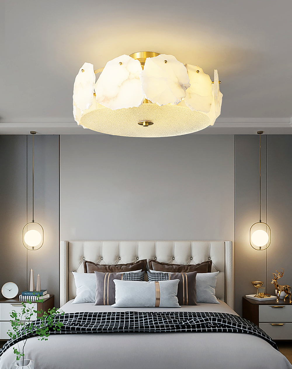 Valeria Alabaster Flush Mount Ceiling Light with Copper Base Modern Luxury Lighting for Hallway and Entryway