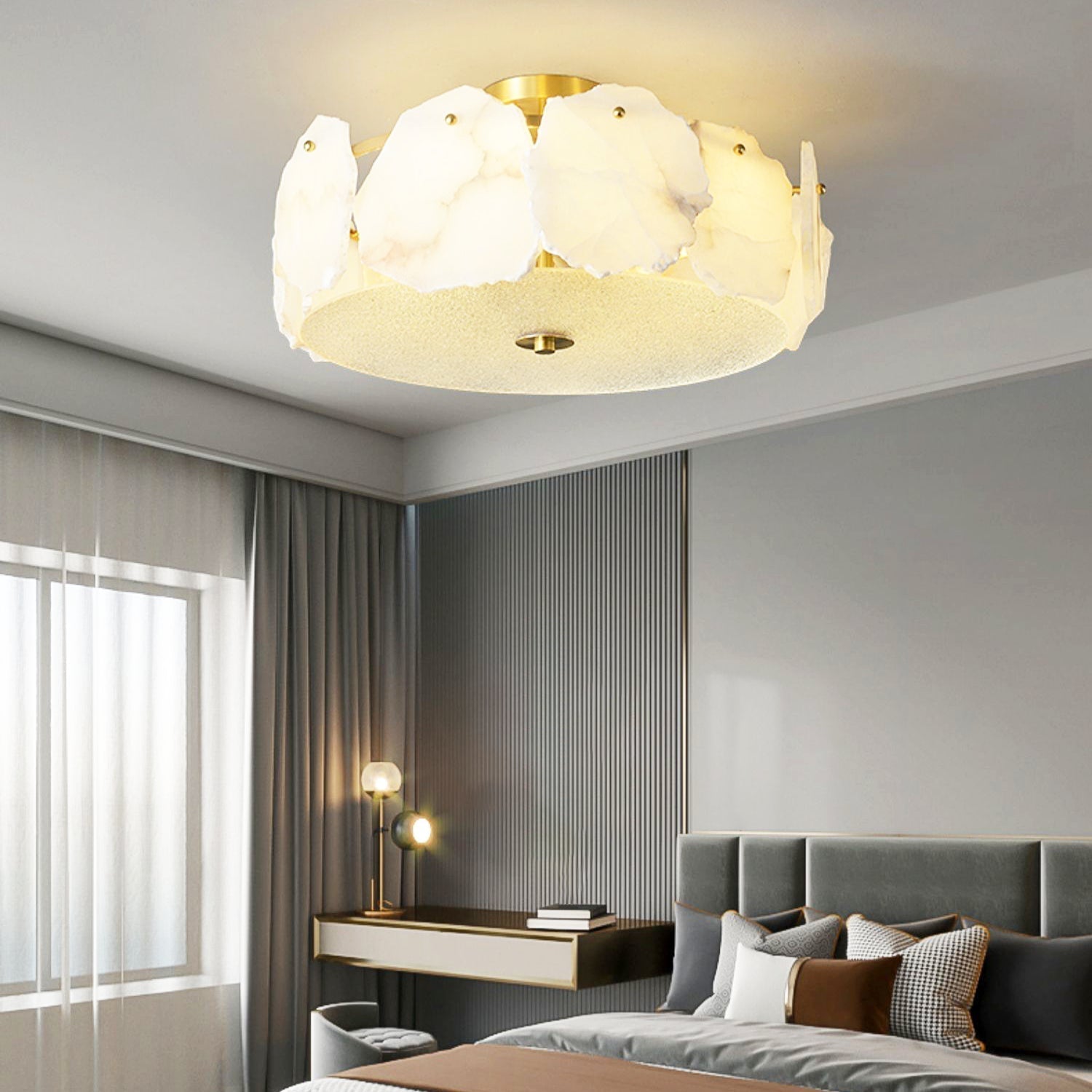 Valeria Alabaster Flush Mount Ceiling Light with Copper Base Modern Luxury Lighting for Hallway and Entryway