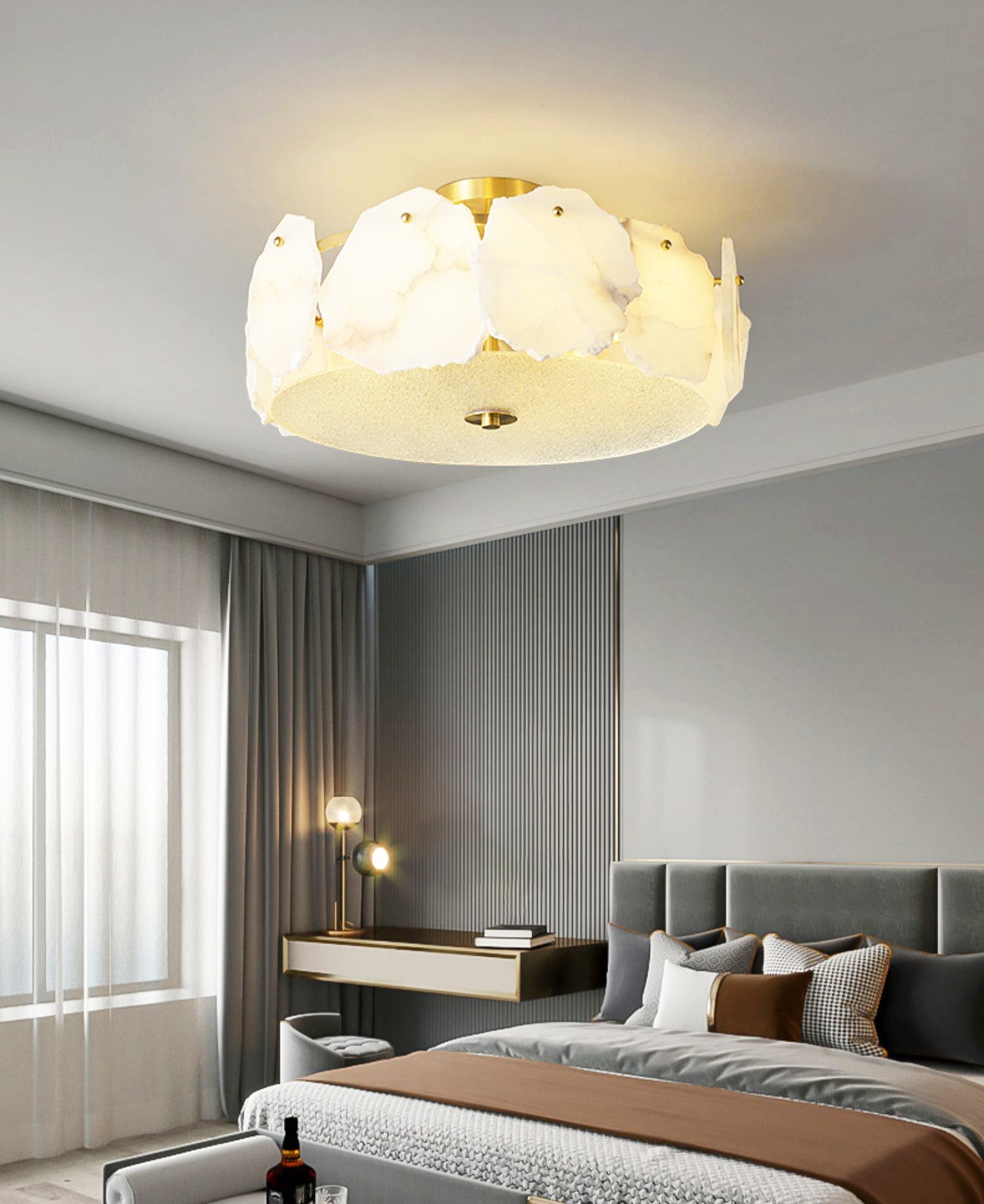 Valeria Alabaster Flush Mount Ceiling Light with Copper Base Modern Luxury Lighting for Hallway and Entryway