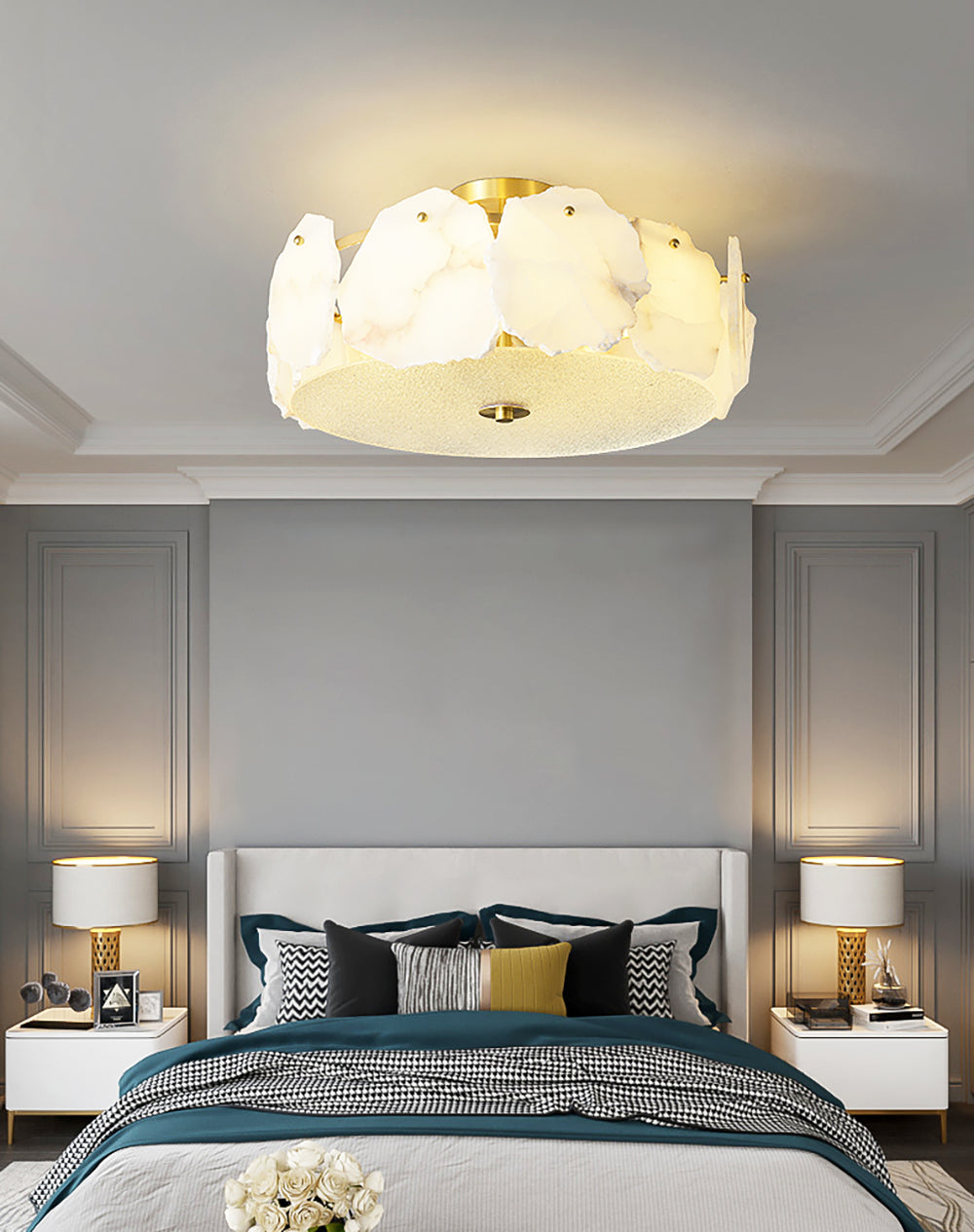 Valeria Alabaster Flush Mount Ceiling Light with Copper Base Modern Luxury Lighting for Hallway and Entryway
