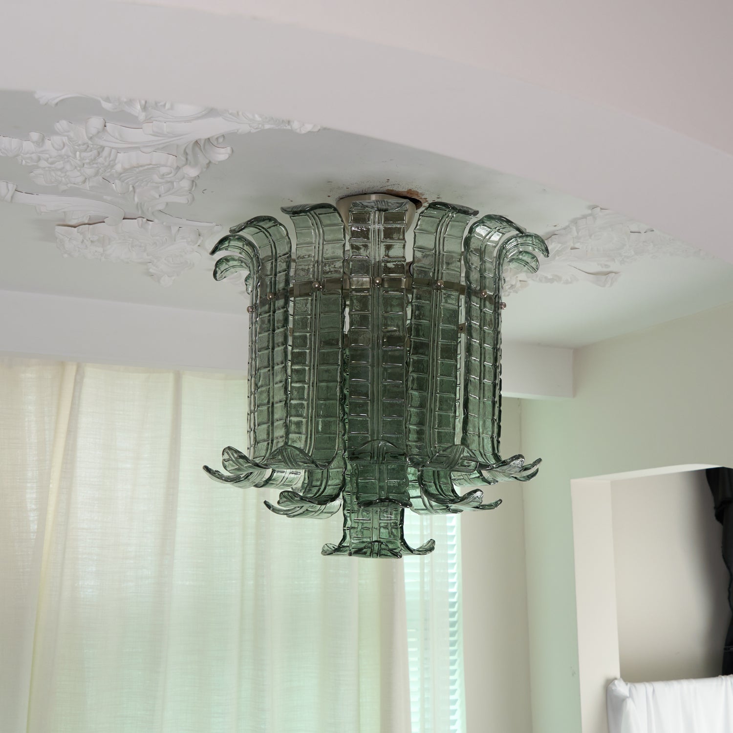 Green Hand Crafted Murano Glass Flower Petal Flush Mount Ceiling Light 20 Inch