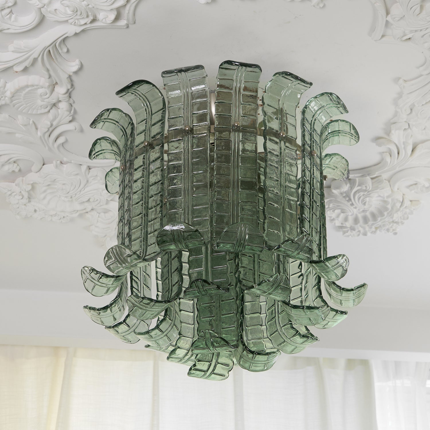 Green Hand Crafted Murano Glass Flower Petal Flush Mount Ceiling Light 20 Inch