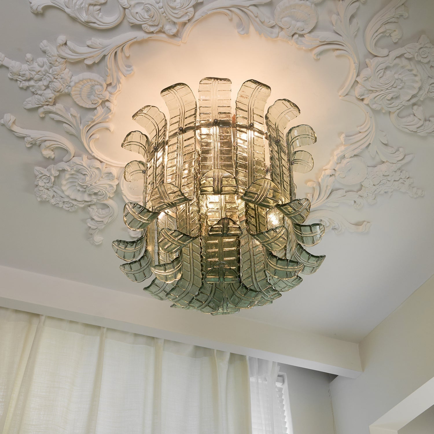 Green Hand Crafted Murano Glass Flower Petal Flush Mount Ceiling Light 20 Inch