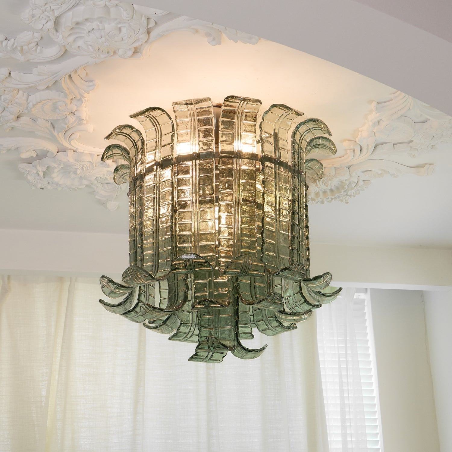 Green Hand Crafted Murano Glass Flower Petal Flush Mount Ceiling Light 20 Inch