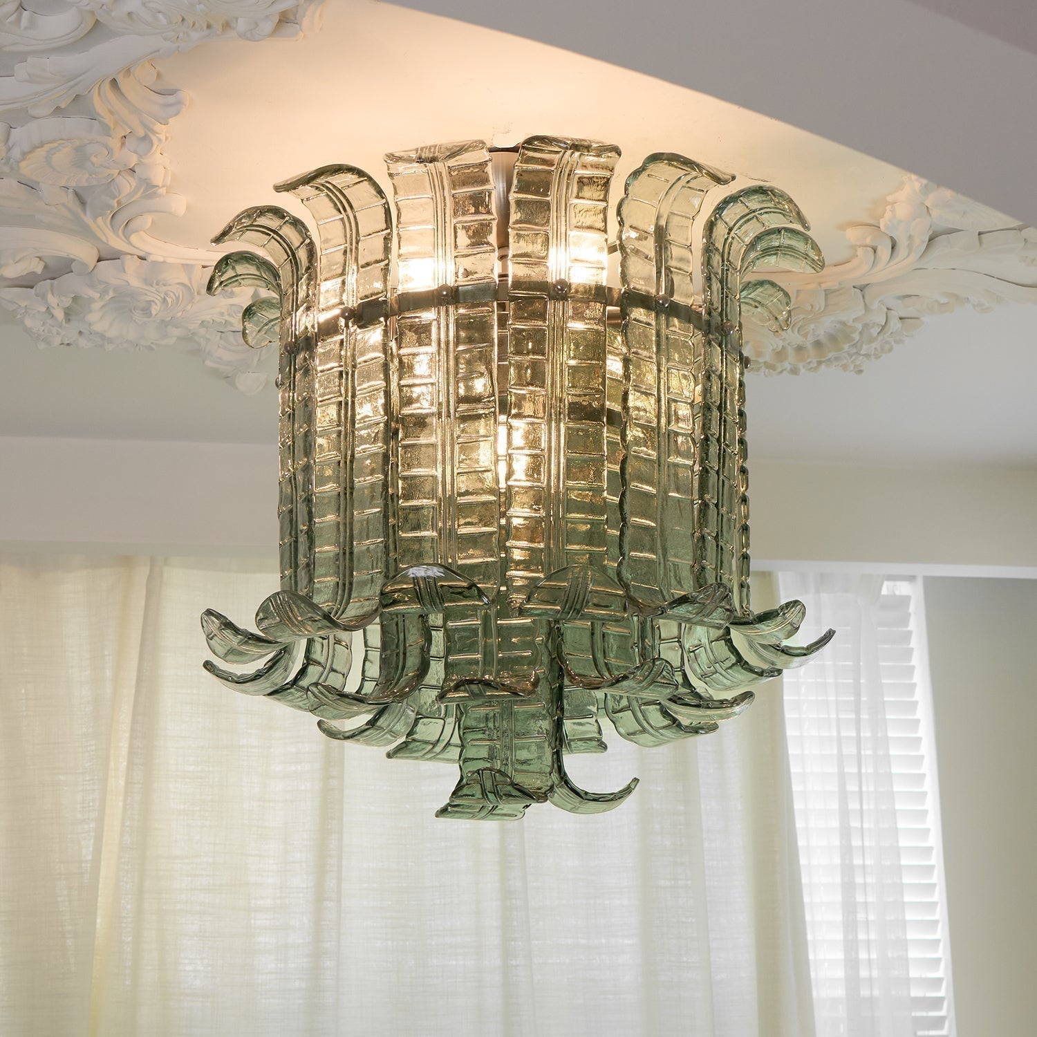 Green Hand Crafted Murano Glass Flower Petal Flush Mount Ceiling Light 20 Inch