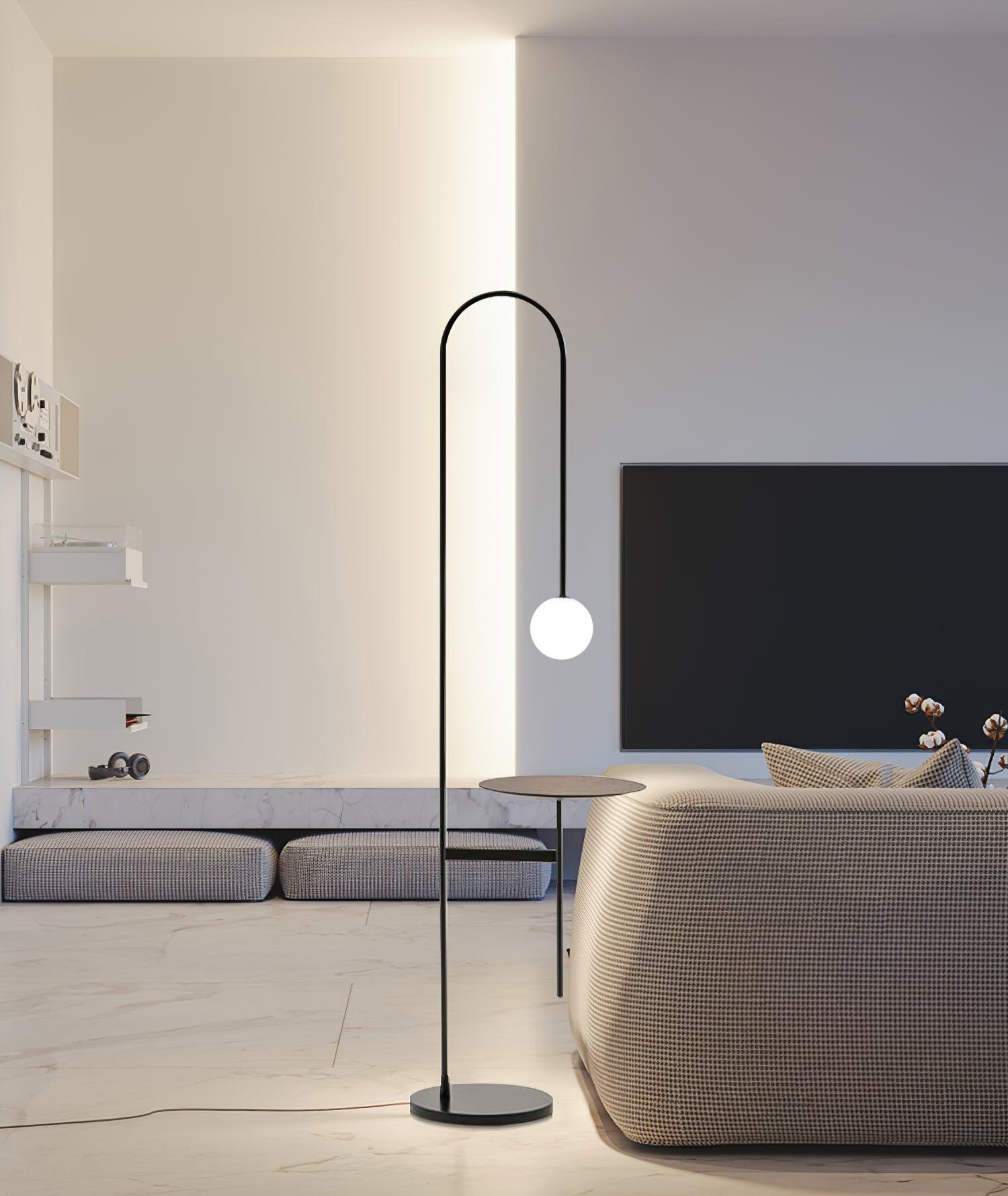 Vanni Contemporary Floor Lamp with Integrated Side Table and White Glass Globe Shade