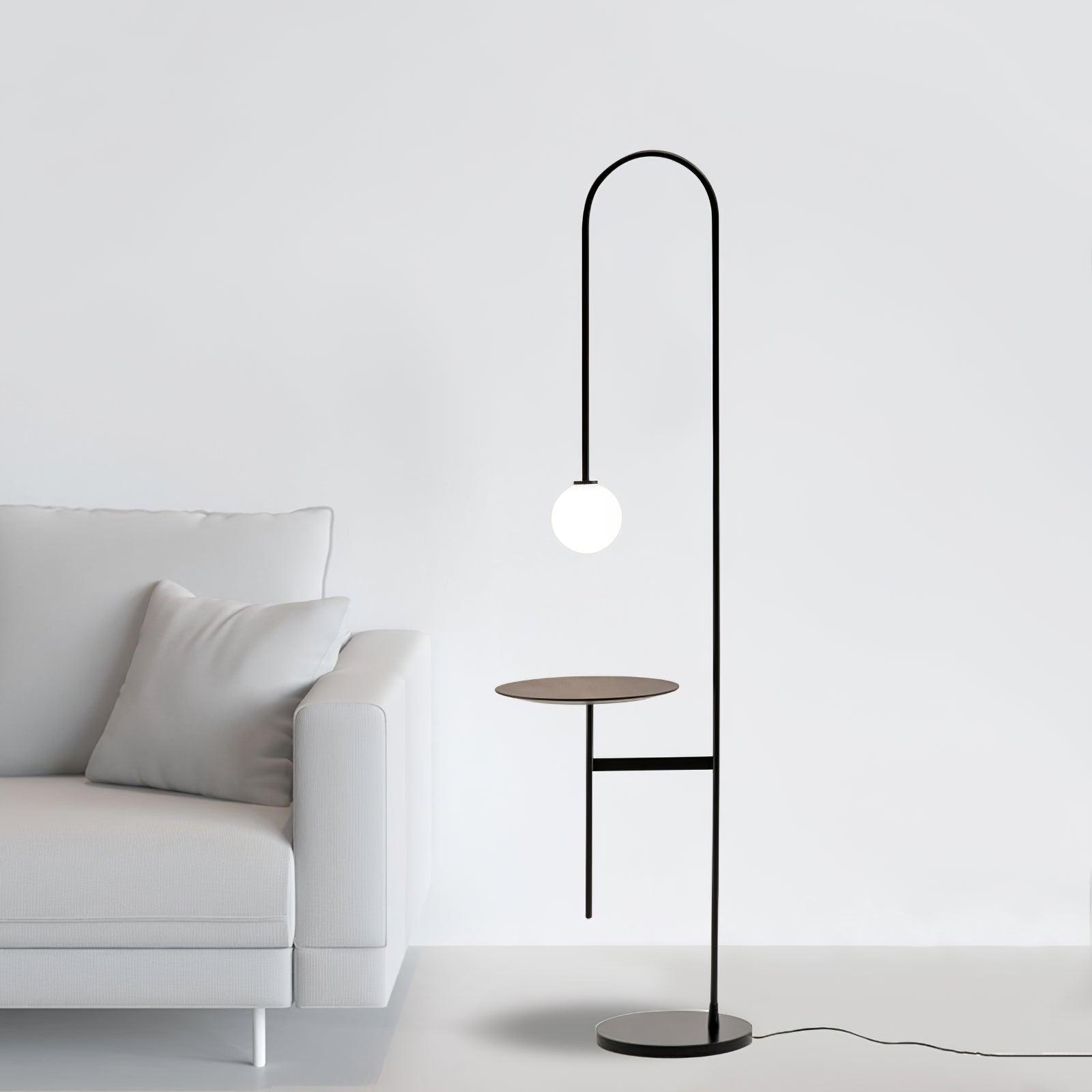 Vanni Contemporary Floor Lamp with Integrated Side Table and White Glass Globe Shade