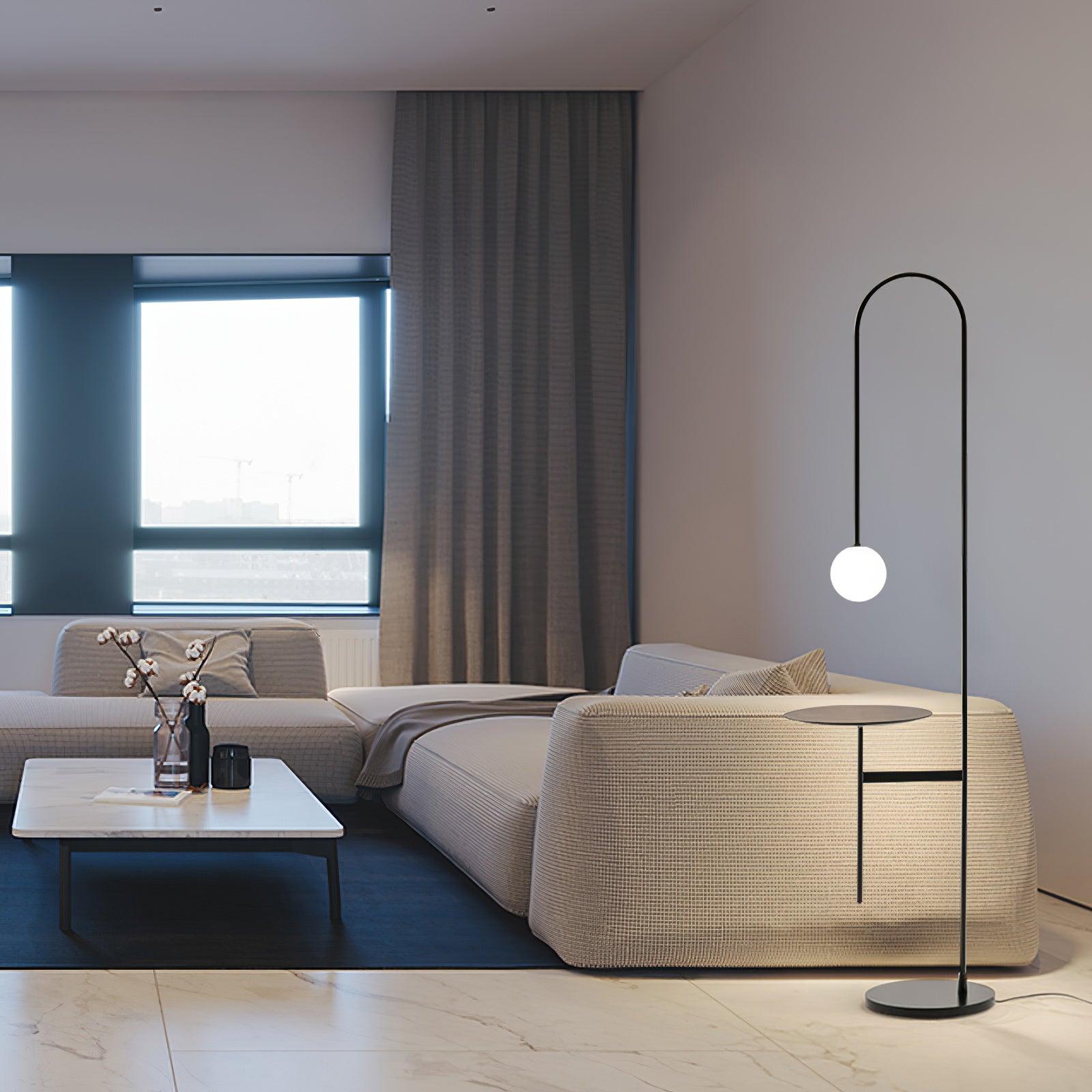 Vanni Contemporary Floor Lamp with Integrated Side Table and White Glass Globe Shade