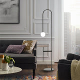 Vanni Contemporary Floor Lamp with Integrated Side Table and White Glass Globe Shade