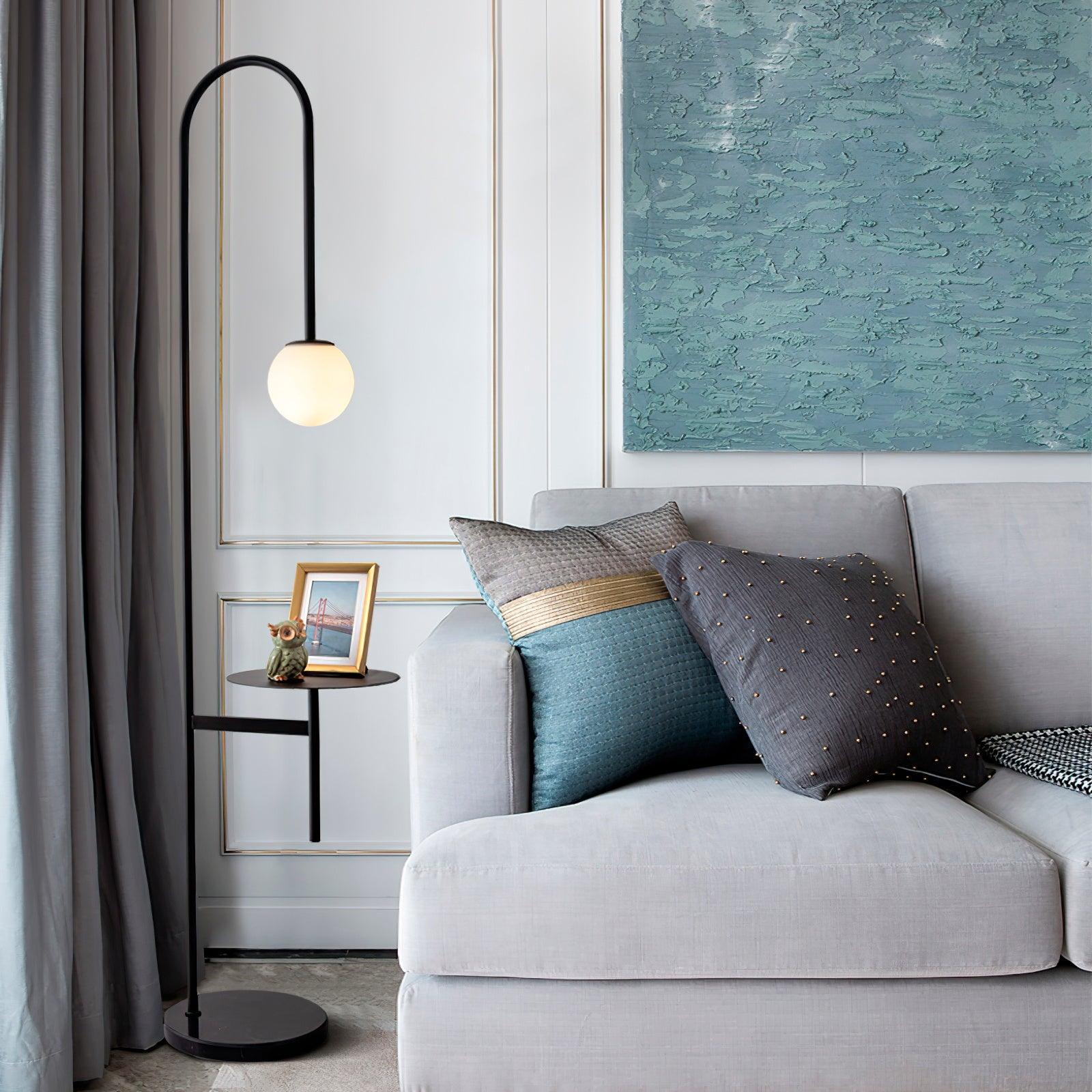 Vanni Contemporary Floor Lamp with Integrated Side Table and White Glass Globe Shade