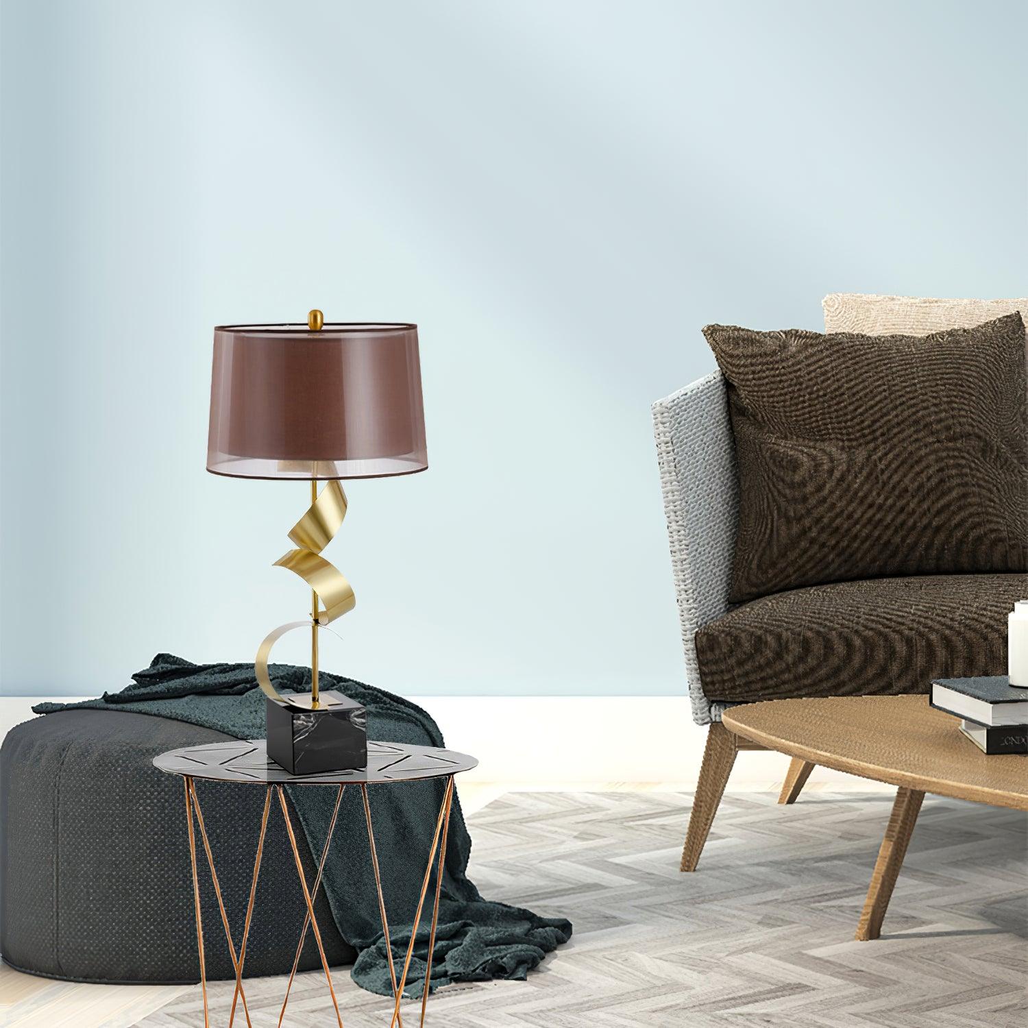 Modern Sculptural Spiral Metal Table Lamp with Gold Leaf Finish and Black Marble Base for Living Room