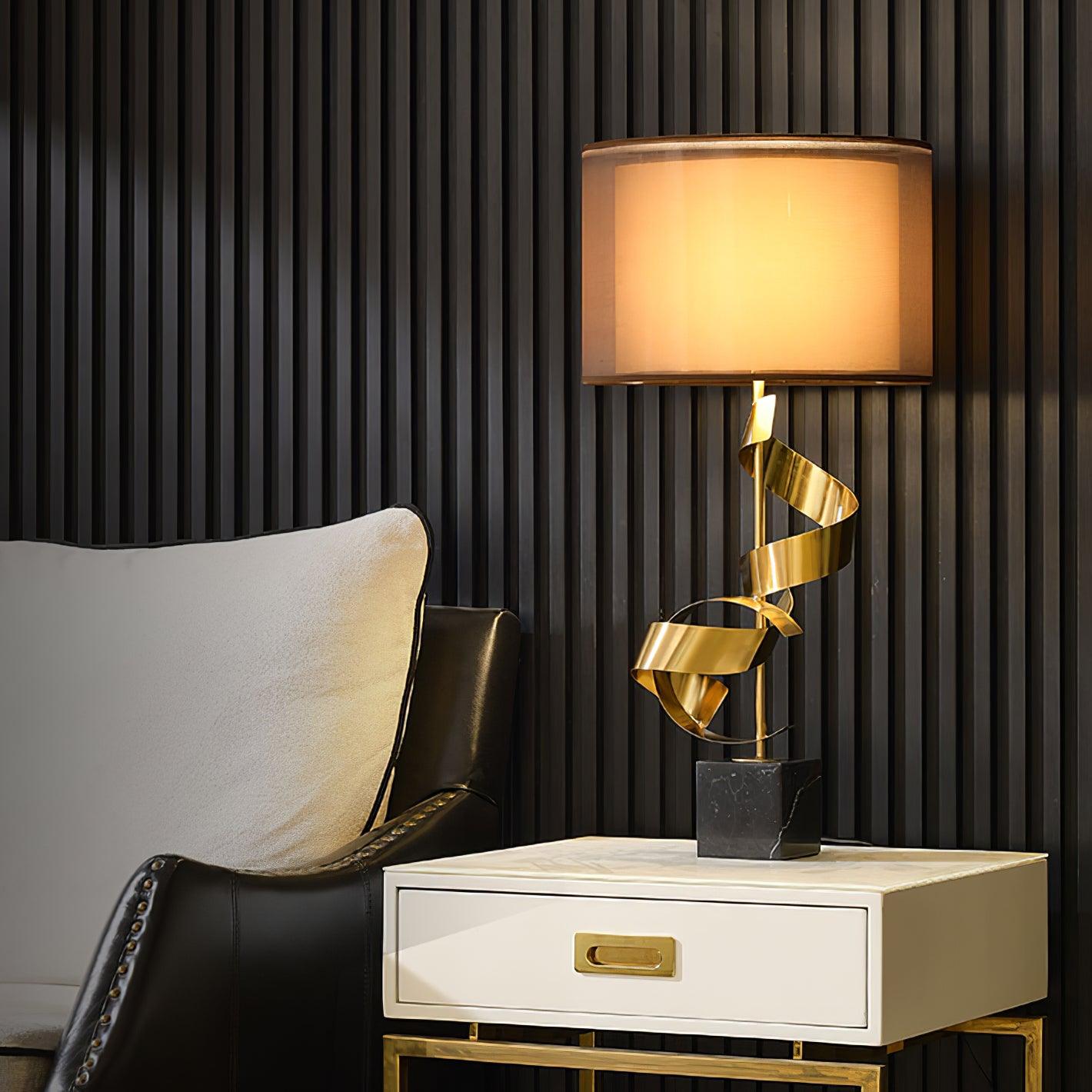 Modern Sculptural Spiral Metal Table Lamp with Gold Leaf Finish and Black Marble Base for Living Room