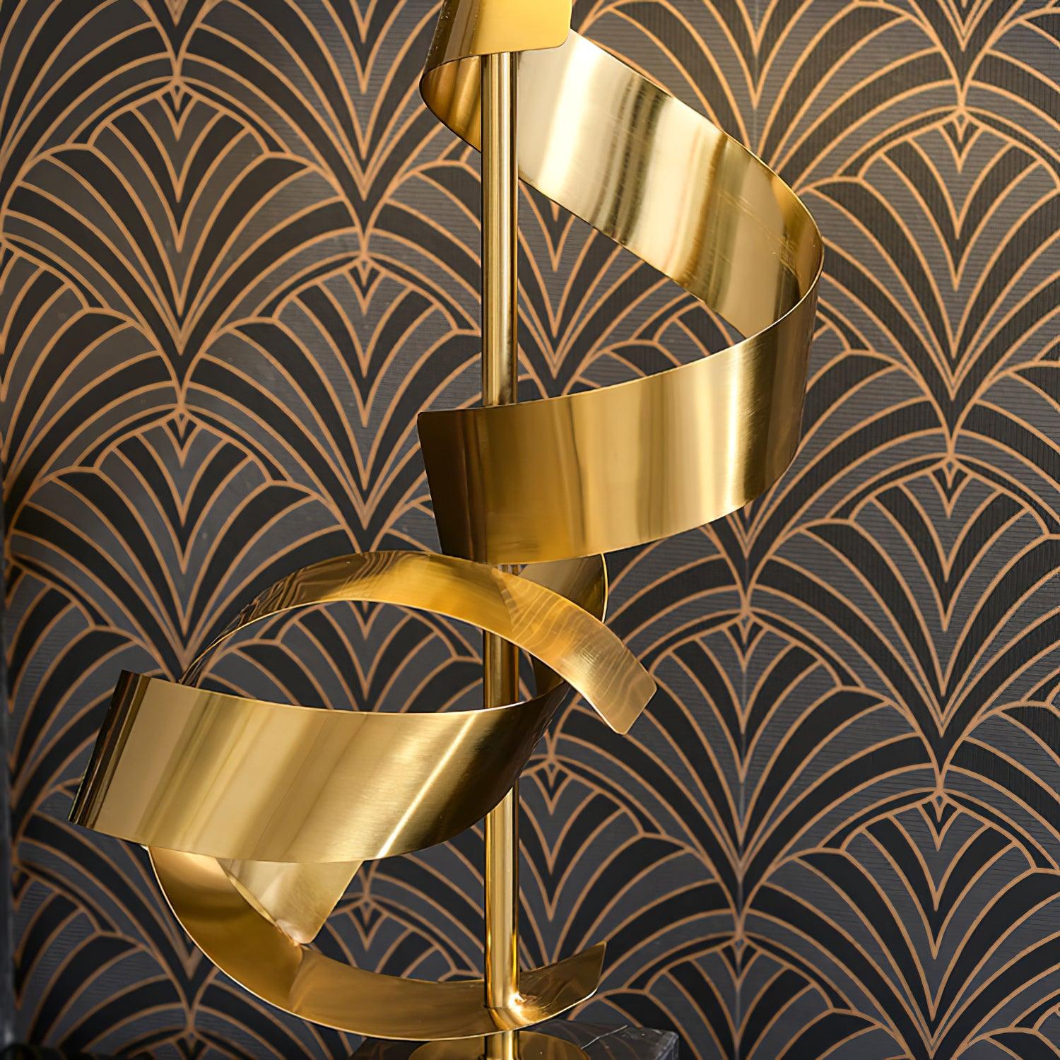 Modern Sculptural Spiral Metal Table Lamp with Gold Leaf Finish and Black Marble Base for Living Room