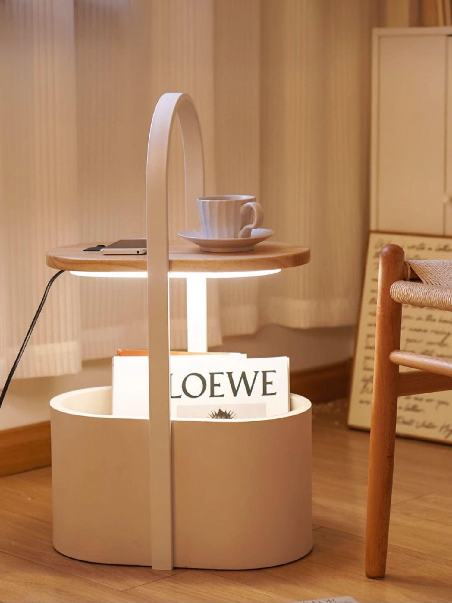 Contemporary Vinda Basket Side Table Lamp with Integrated LED Wood and Metal Design