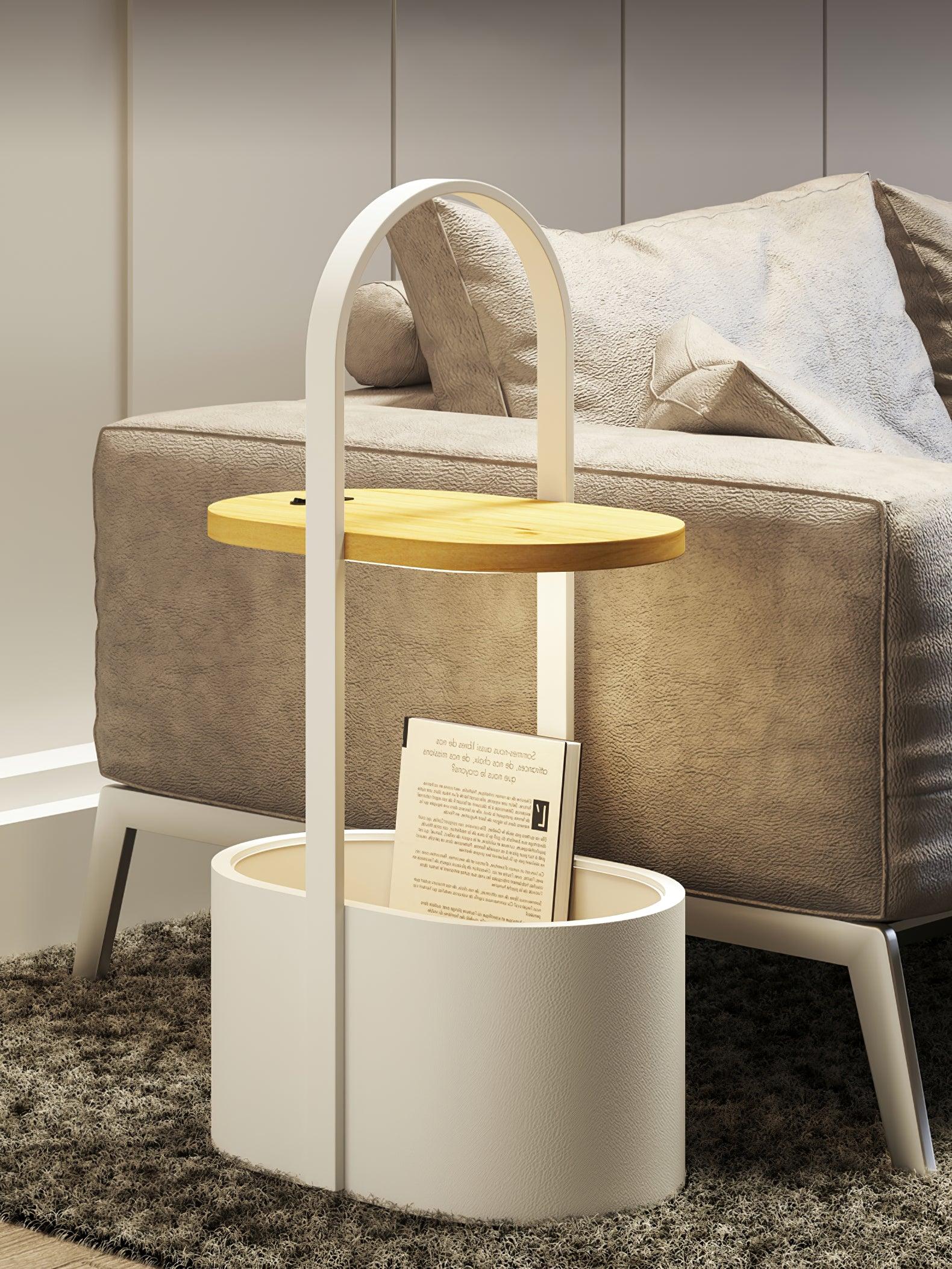 Contemporary Vinda Basket Side Table Lamp with Integrated LED Wood and Metal Design