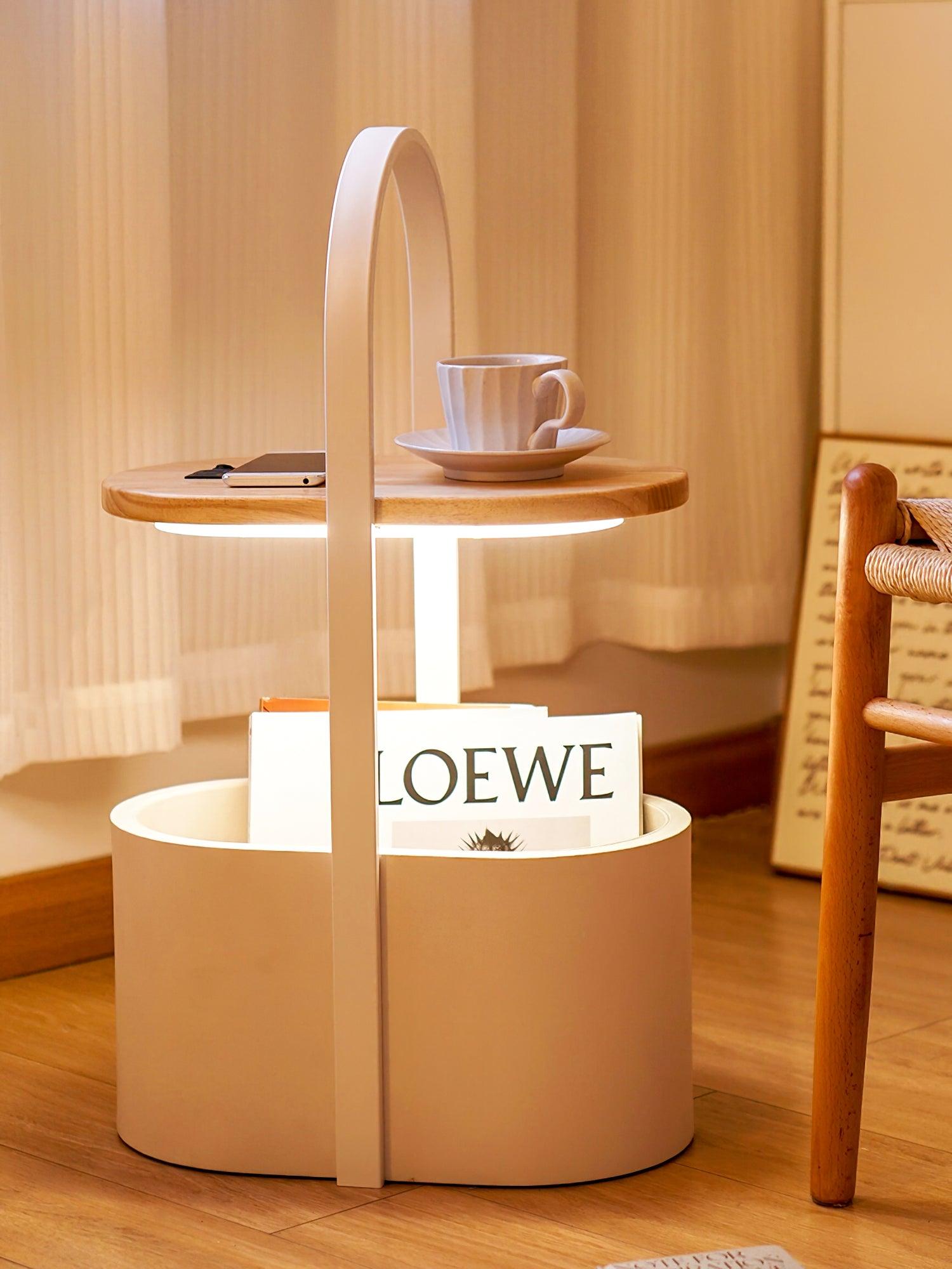 Contemporary Vinda Basket Side Table Lamp with Integrated LED Wood and Metal Design