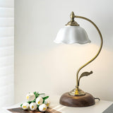 Vintage Brass and Ceramic Floral Desk Lamp with Walnut Accents for Office and Bedroom
