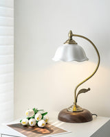 Vintage Brass and Ceramic Floral Desk Lamp with Walnut Accents for Office and Bedroom