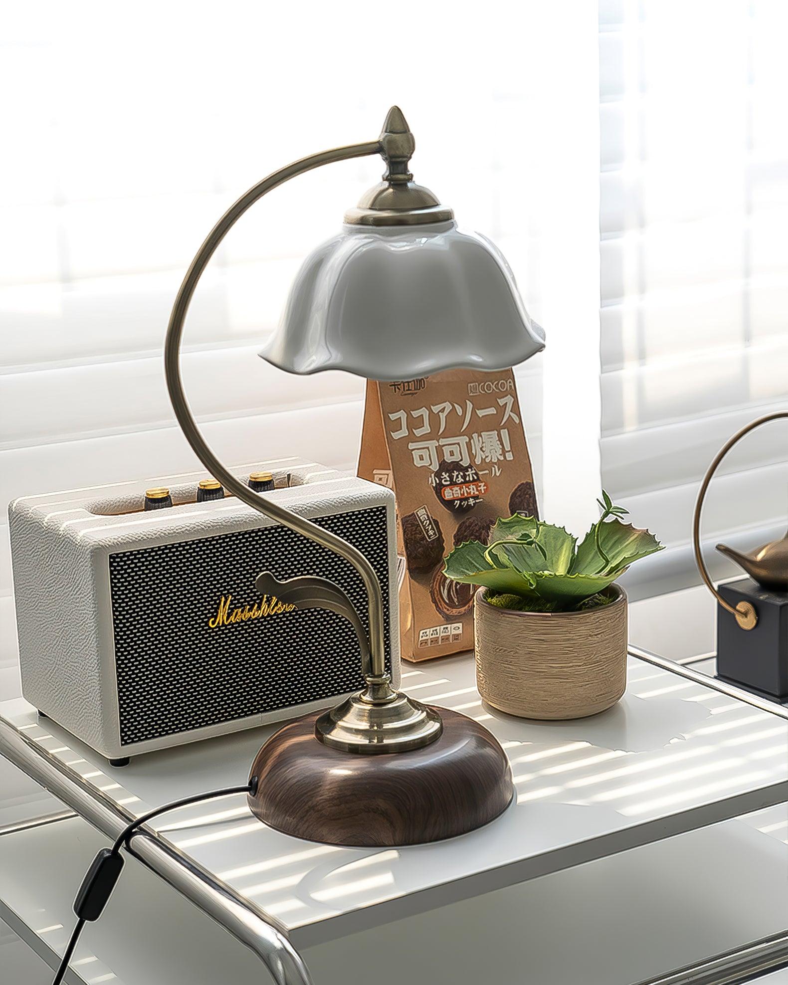 Vintage Brass and Ceramic Floral Desk Lamp with Walnut Accents for Office and Bedroom