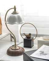 Vintage Brass and Ceramic Floral Desk Lamp with Walnut Accents for Office and Bedroom