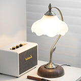 Vintage Brass and Ceramic Floral Desk Lamp with Walnut Accents for Office and Bedroom