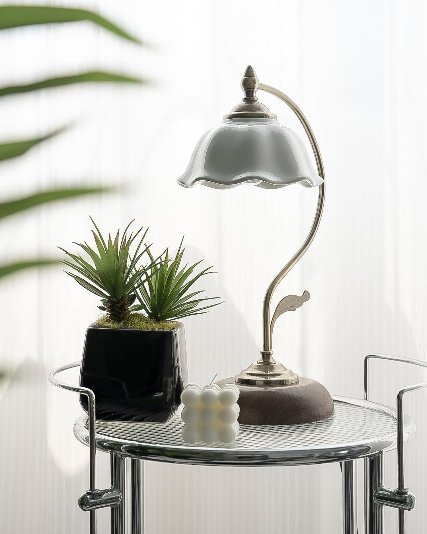 Vintage Brass and Ceramic Floral Desk Lamp with Walnut Accents for Office and Bedroom