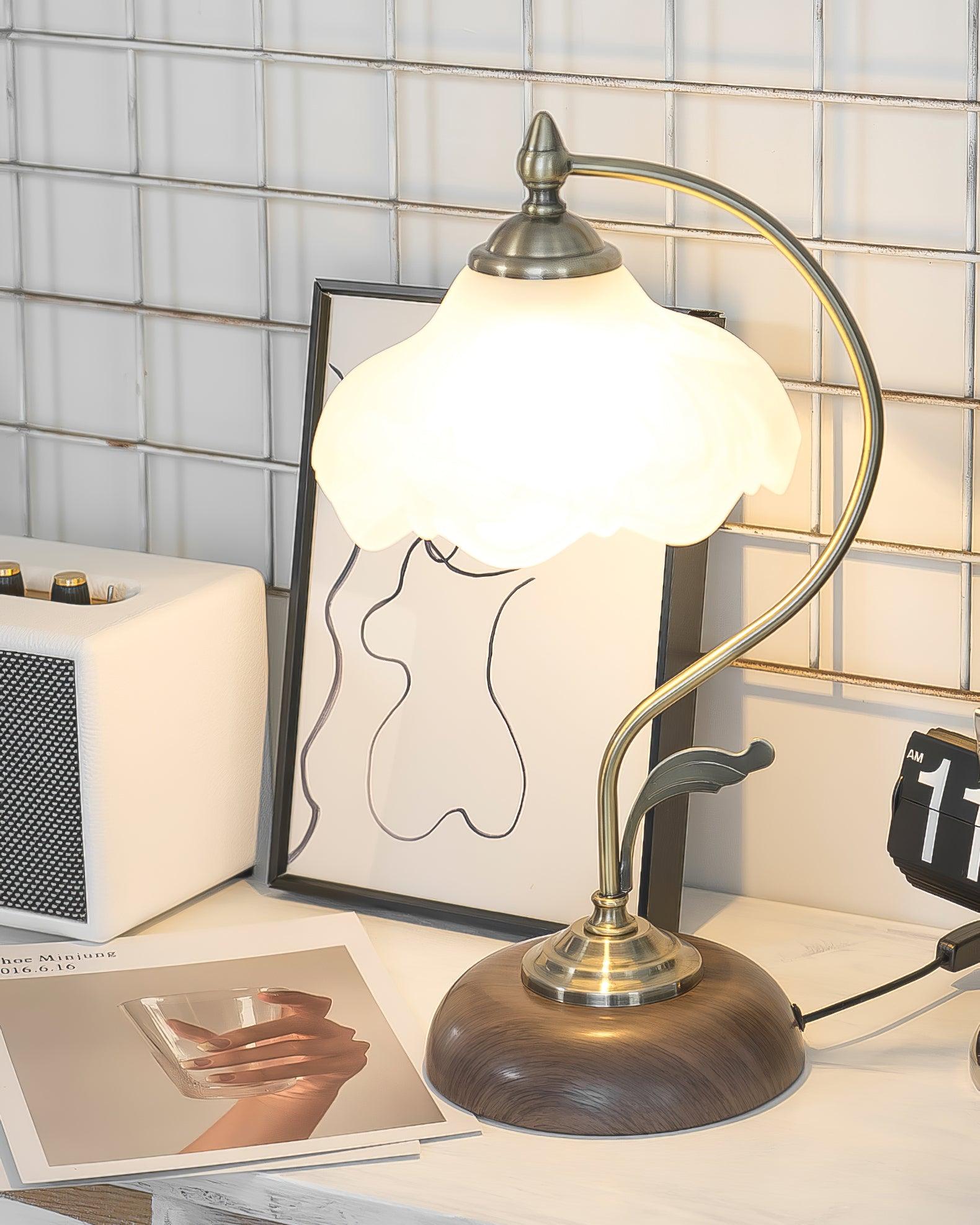 Vintage Brass and Ceramic Floral Desk Lamp with Walnut Accents for Office and Bedroom