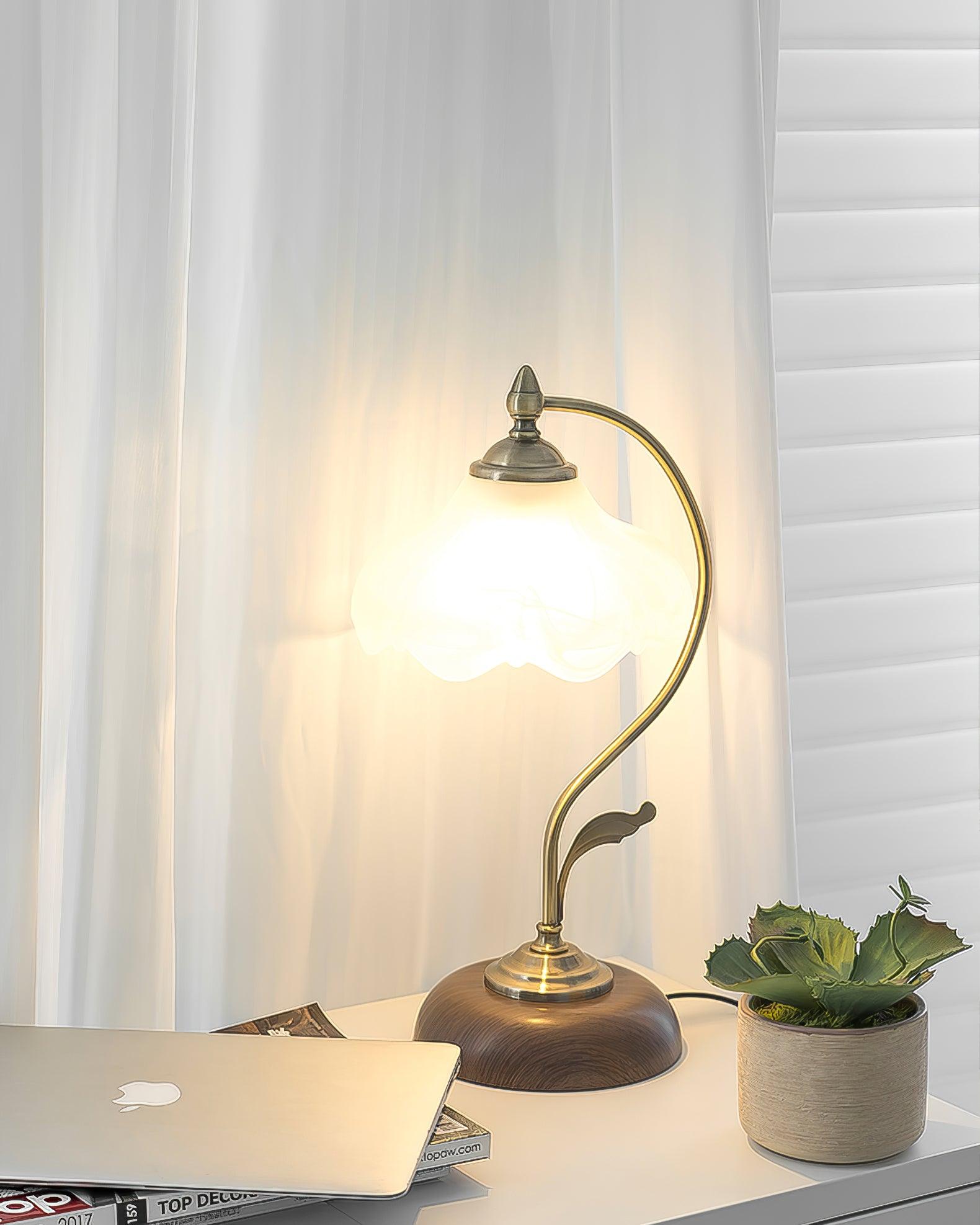 Vintage Brass and Ceramic Floral Desk Lamp with Walnut Accents for Office and Bedroom