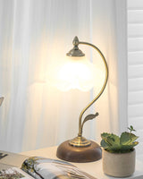 Vintage Brass and Ceramic Floral Desk Lamp with Walnut Accents for Office and Bedroom