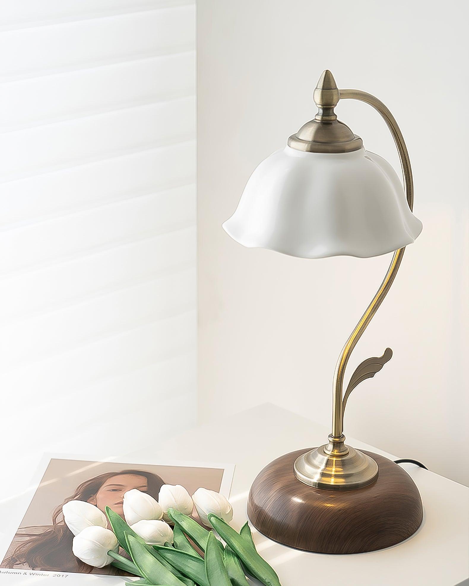 Vintage Brass and Ceramic Floral Desk Lamp with Walnut Accents for Office and Bedroom