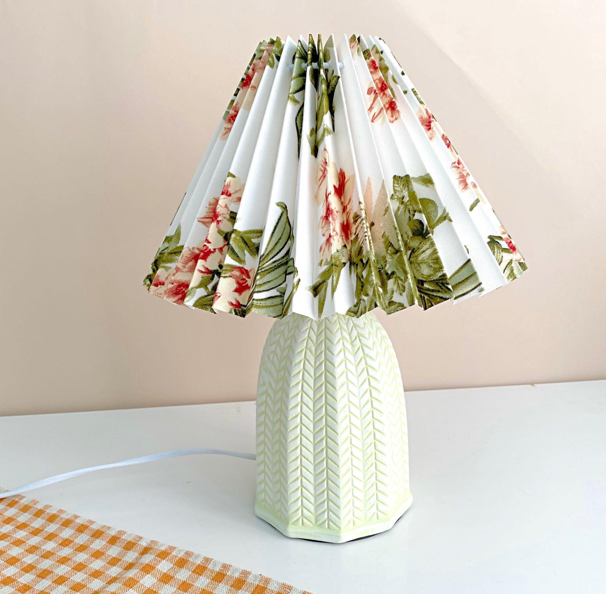 Mid Century Modern Pleated Ceramic Table Lamp with Fabric Shade for Bedroom Decor