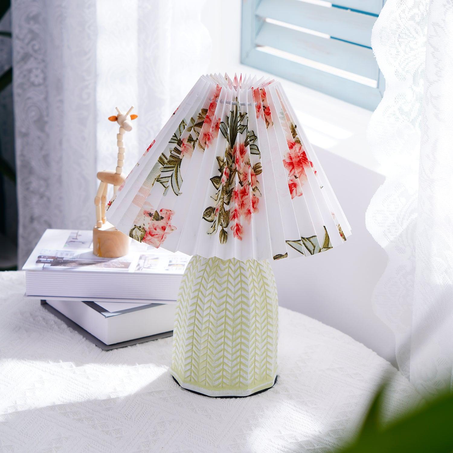 Mid Century Modern Pleated Ceramic Table Lamp with Fabric Shade for Bedroom Decor