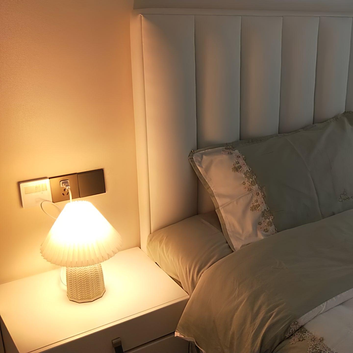 Mid Century Modern Pleated Ceramic Table Lamp with Fabric Shade for Bedroom Decor