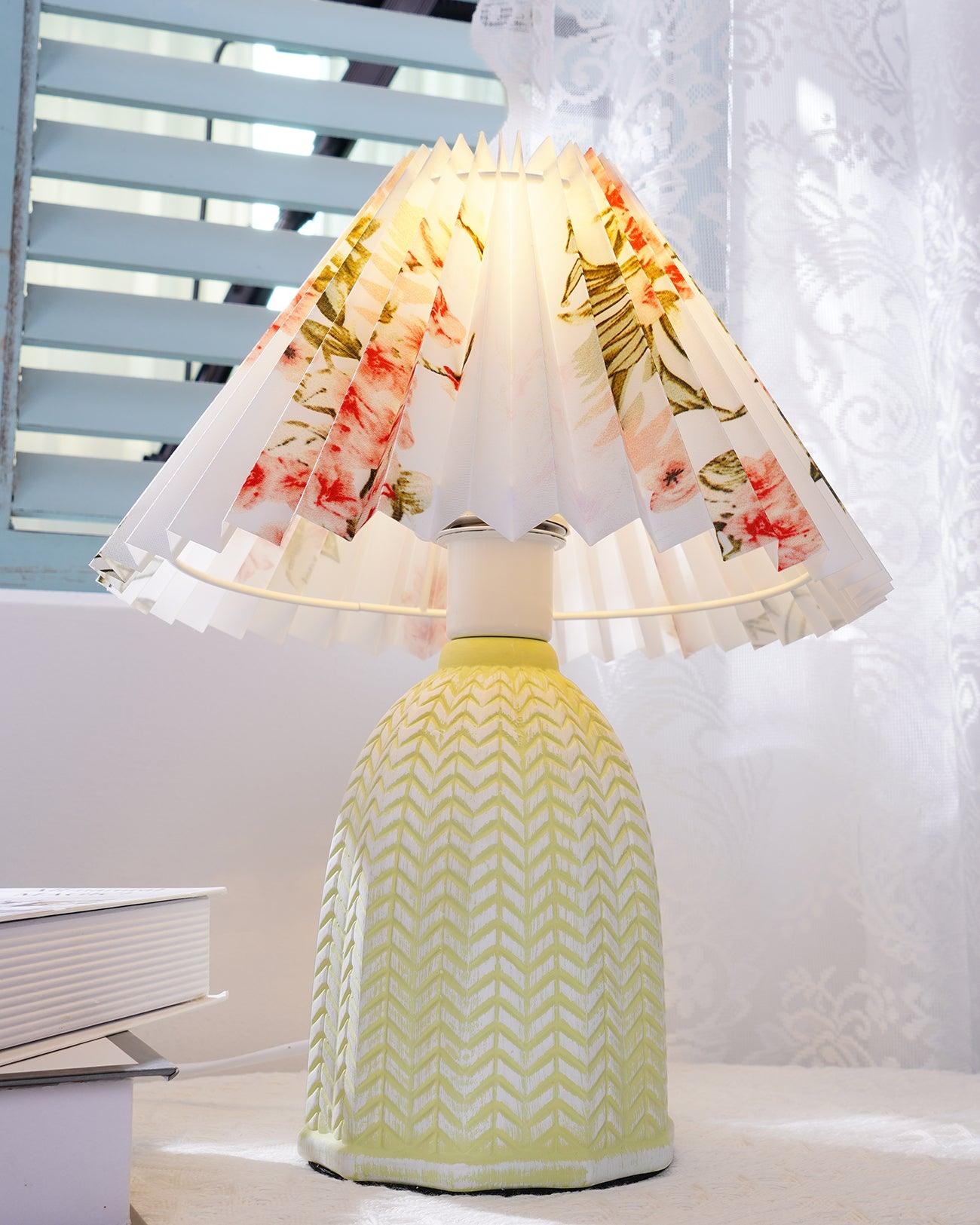 Mid Century Modern Pleated Ceramic Table Lamp with Fabric Shade for Bedroom Decor