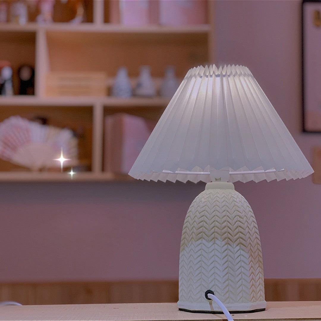 Mid Century Modern Pleated Ceramic Table Lamp with Fabric Shade for Bedroom Decor