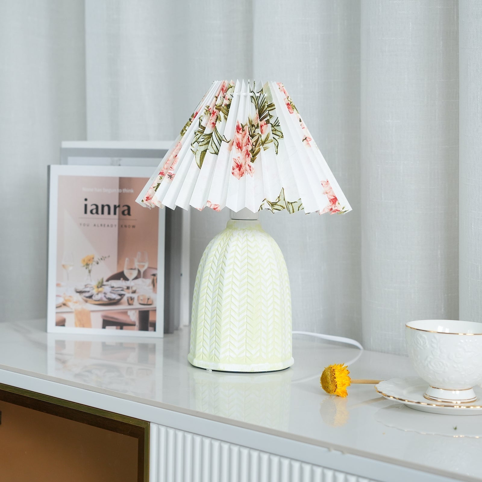 Mid Century Modern Pleated Ceramic Table Lamp with Fabric Shade for Bedroom Decor