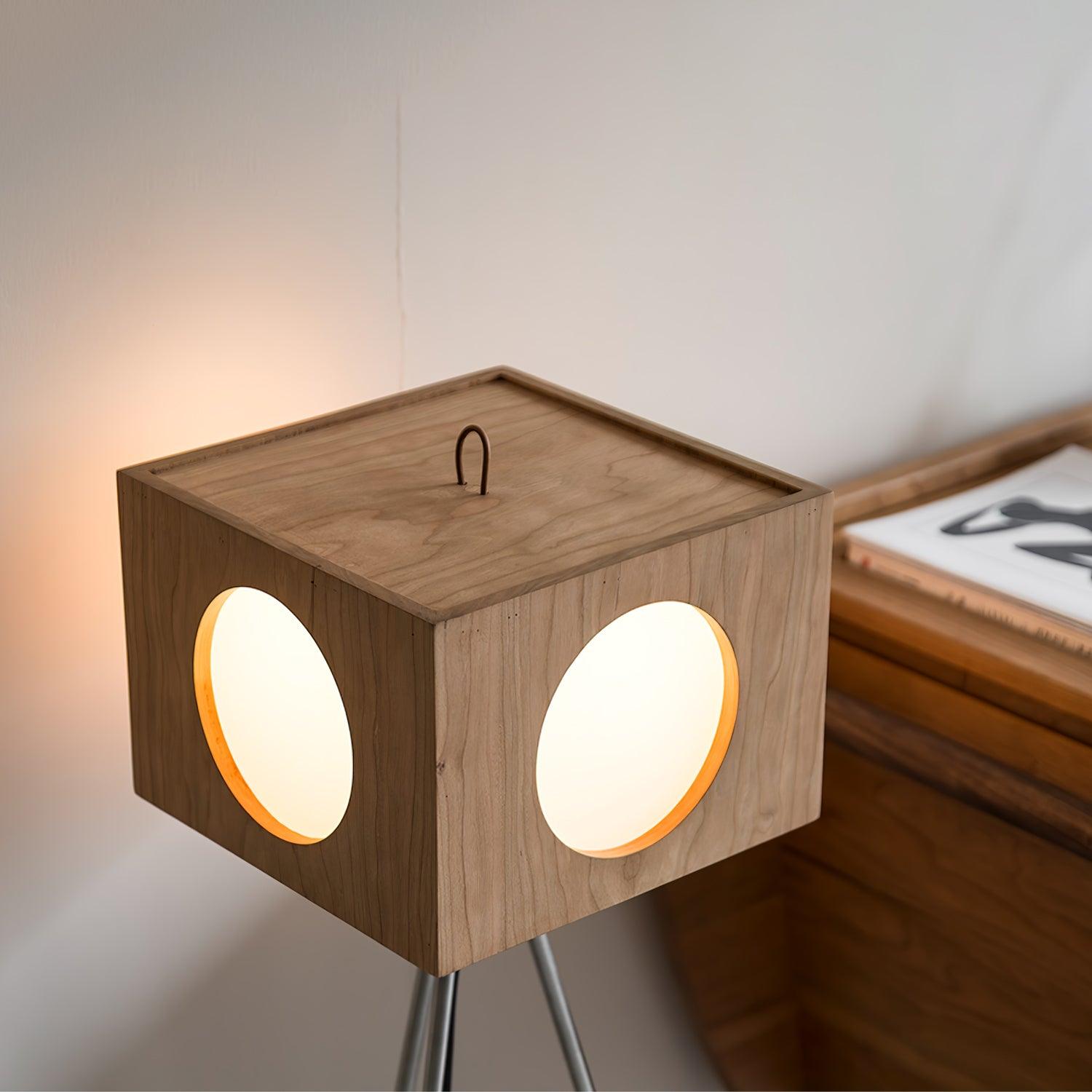 Industrial Vintage Camera Style Tripod Floor Lamp in Cherry Wood Finish