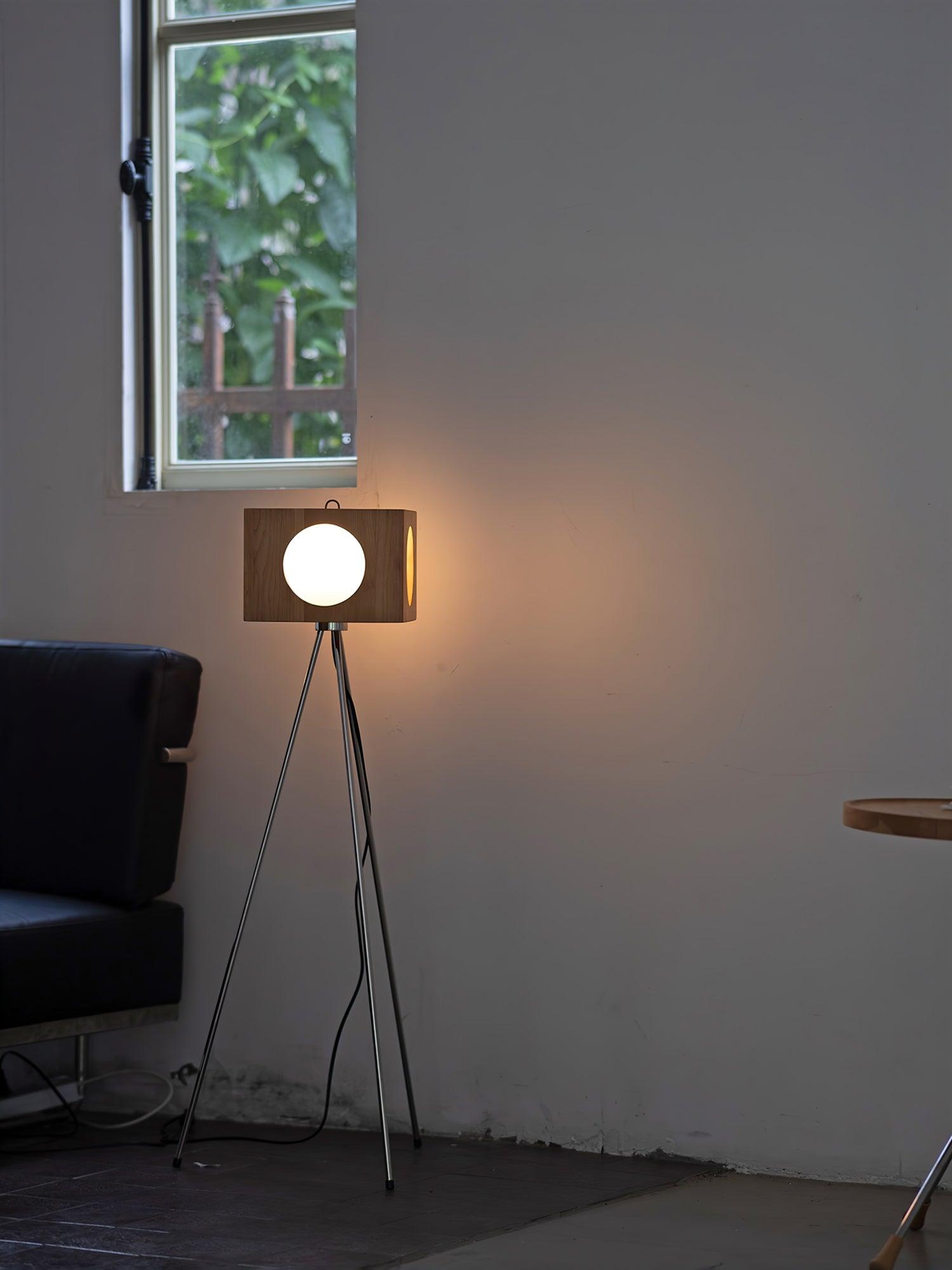 Industrial Vintage Camera Style Tripod Floor Lamp in Cherry Wood Finish