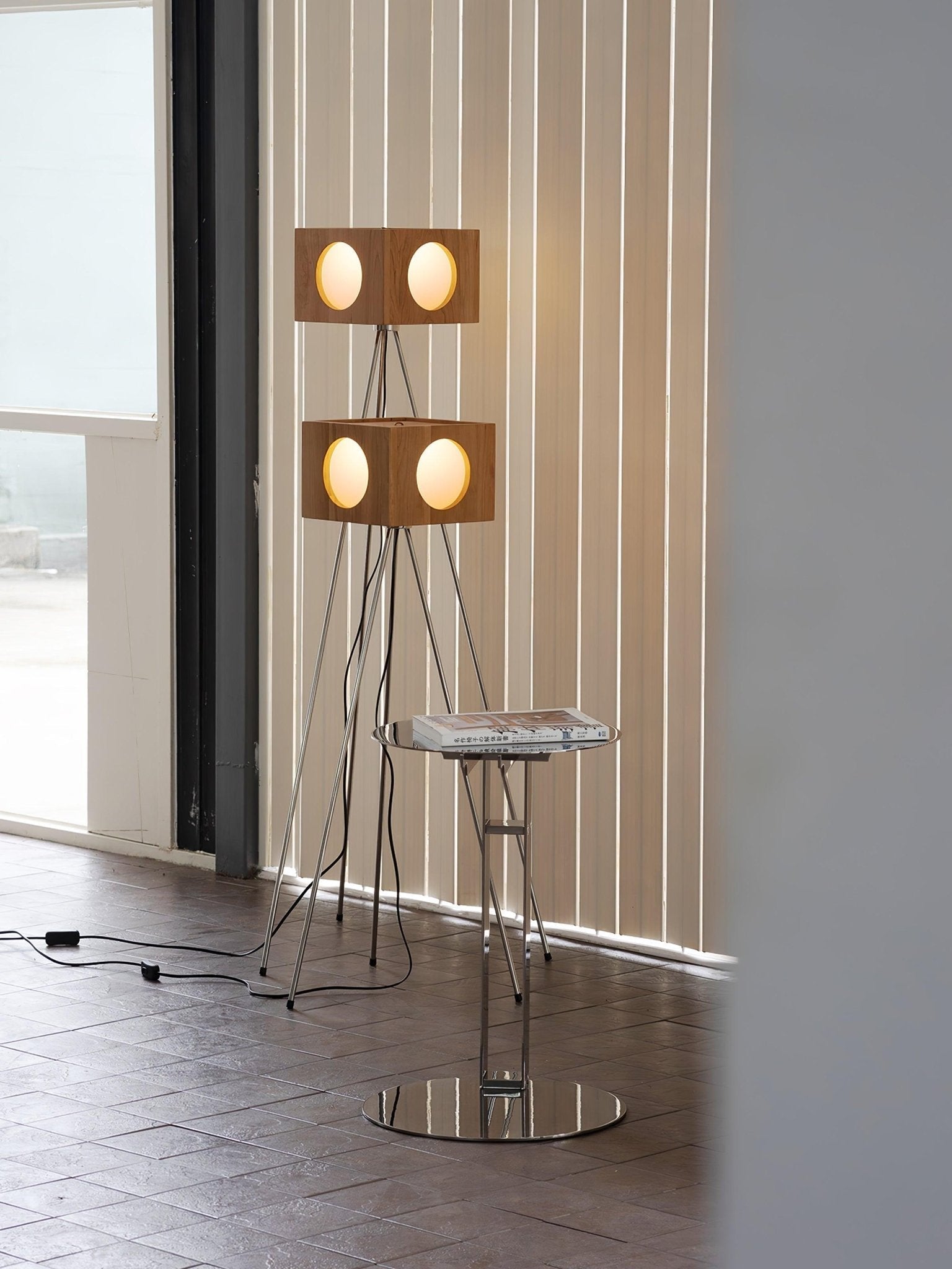 Industrial Vintage Camera Style Tripod Floor Lamp in Cherry Wood Finish