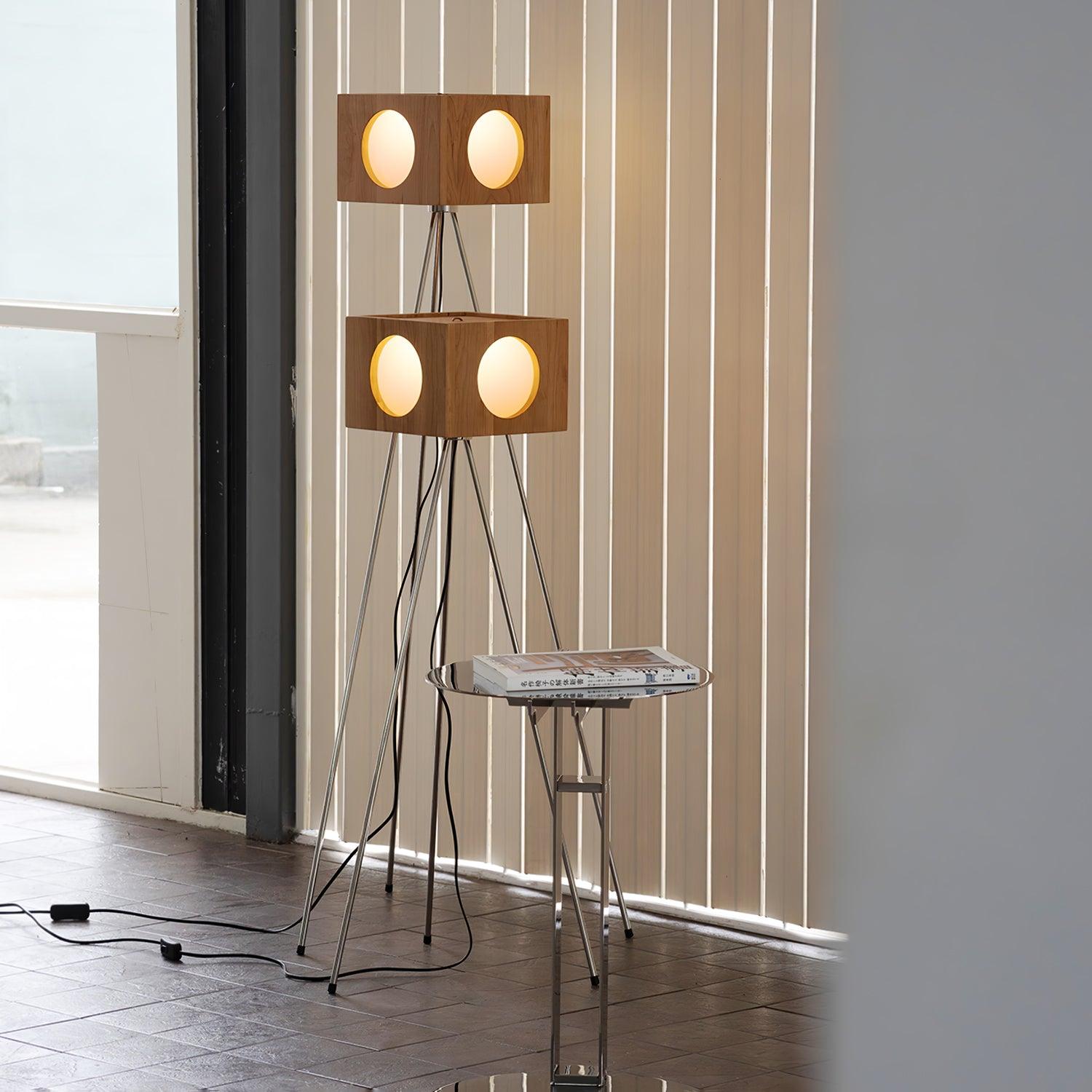 Industrial Vintage Camera Style Tripod Floor Lamp in Cherry Wood Finish