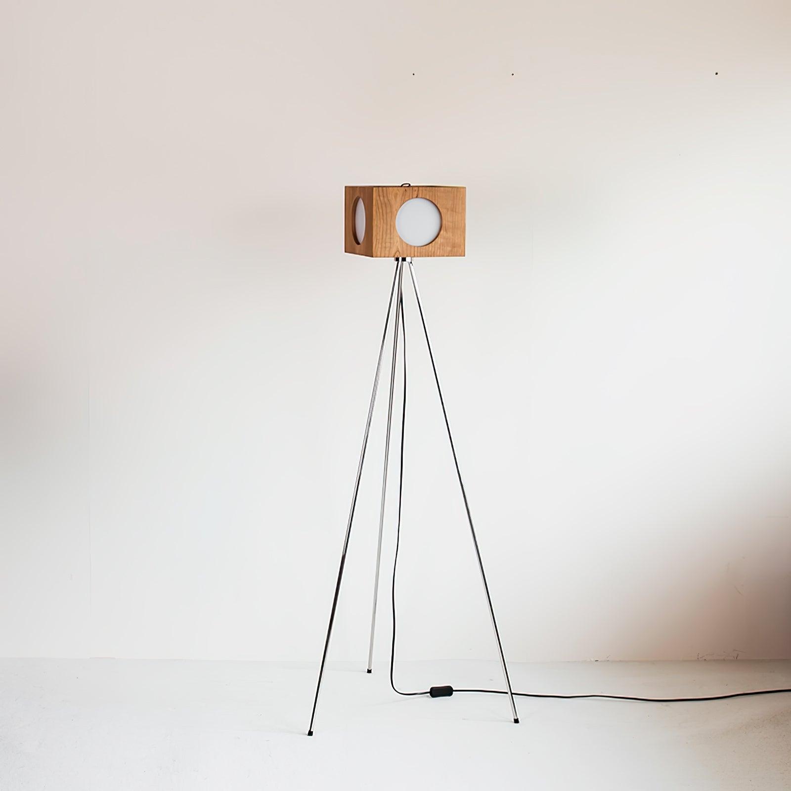 Industrial Vintage Camera Style Tripod Floor Lamp in Cherry Wood Finish