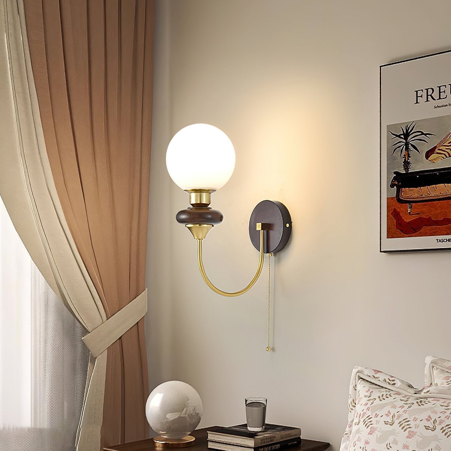mid-century-walnut-wood-wall-sconce-lighting-with-white-glass-shade-and-pull-cord-switch