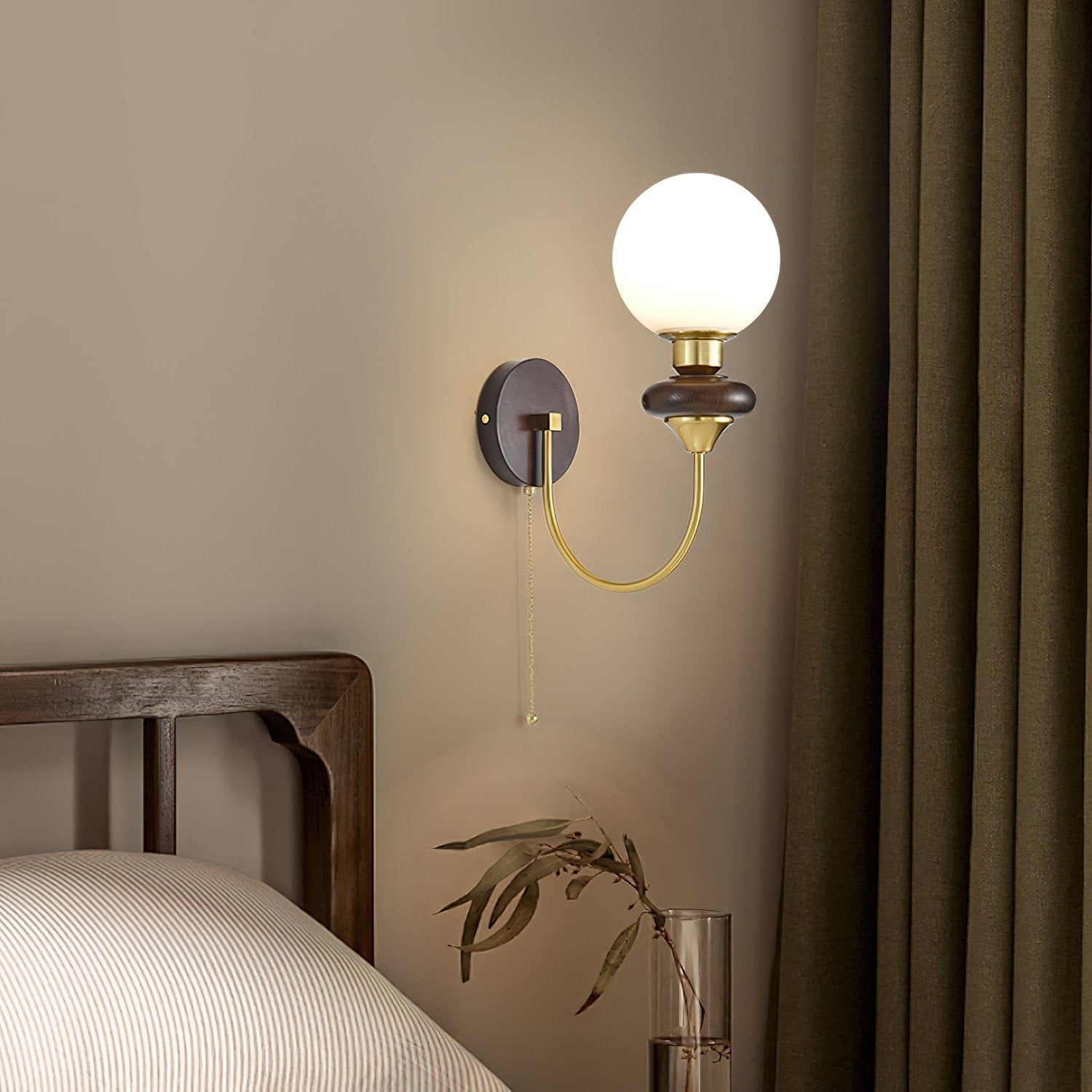 mid-century-walnut-wood-wall-sconce-lighting-with-white-glass-shade-and-pull-cord-switch