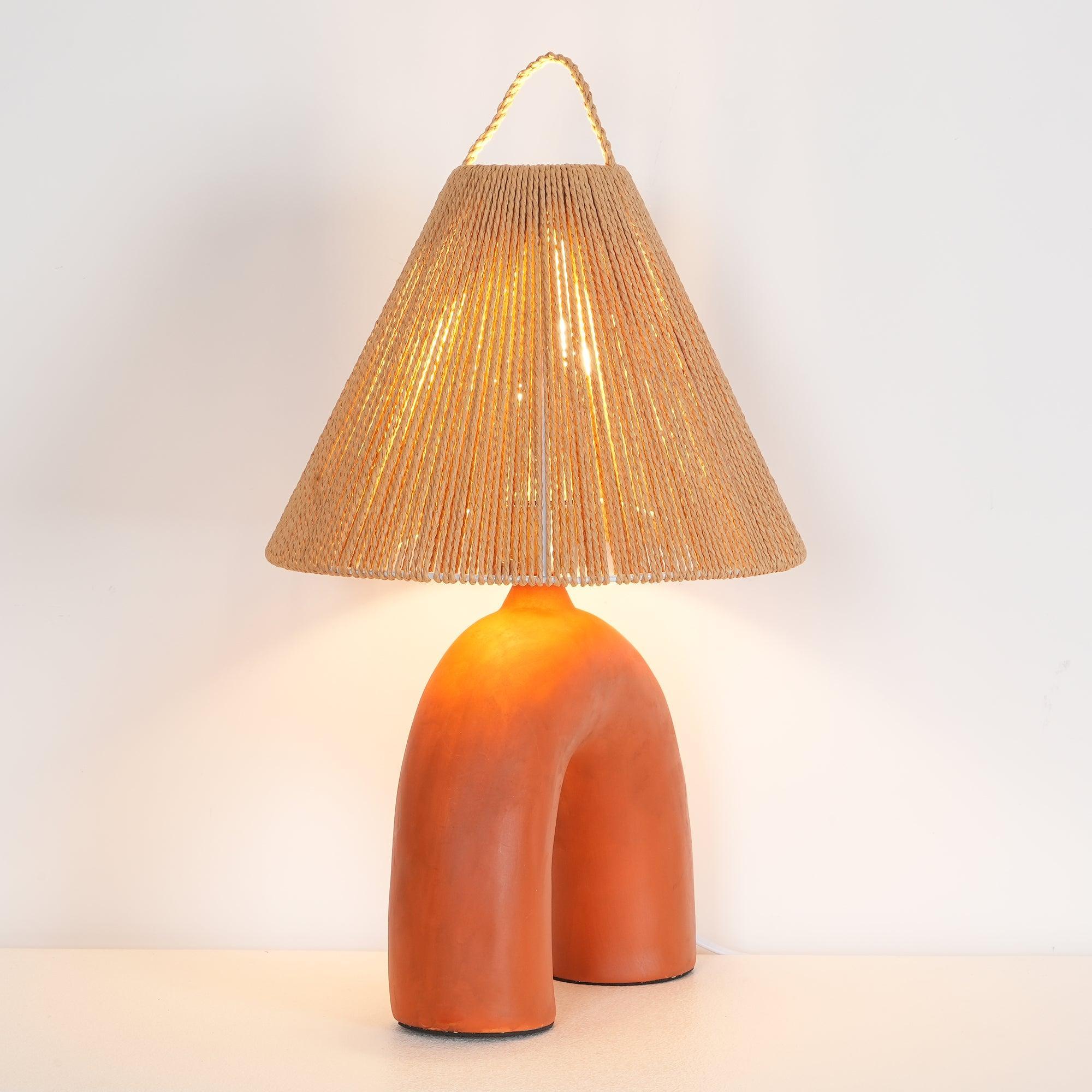 Sculptural Arched Ceramic Table Lamp with Braided Rope Shade and Handcrafted Base
