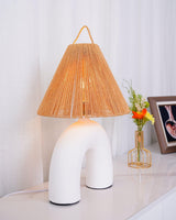 Sculptural Arched Ceramic Table Lamp with Braided Rope Shade and Handcrafted Base