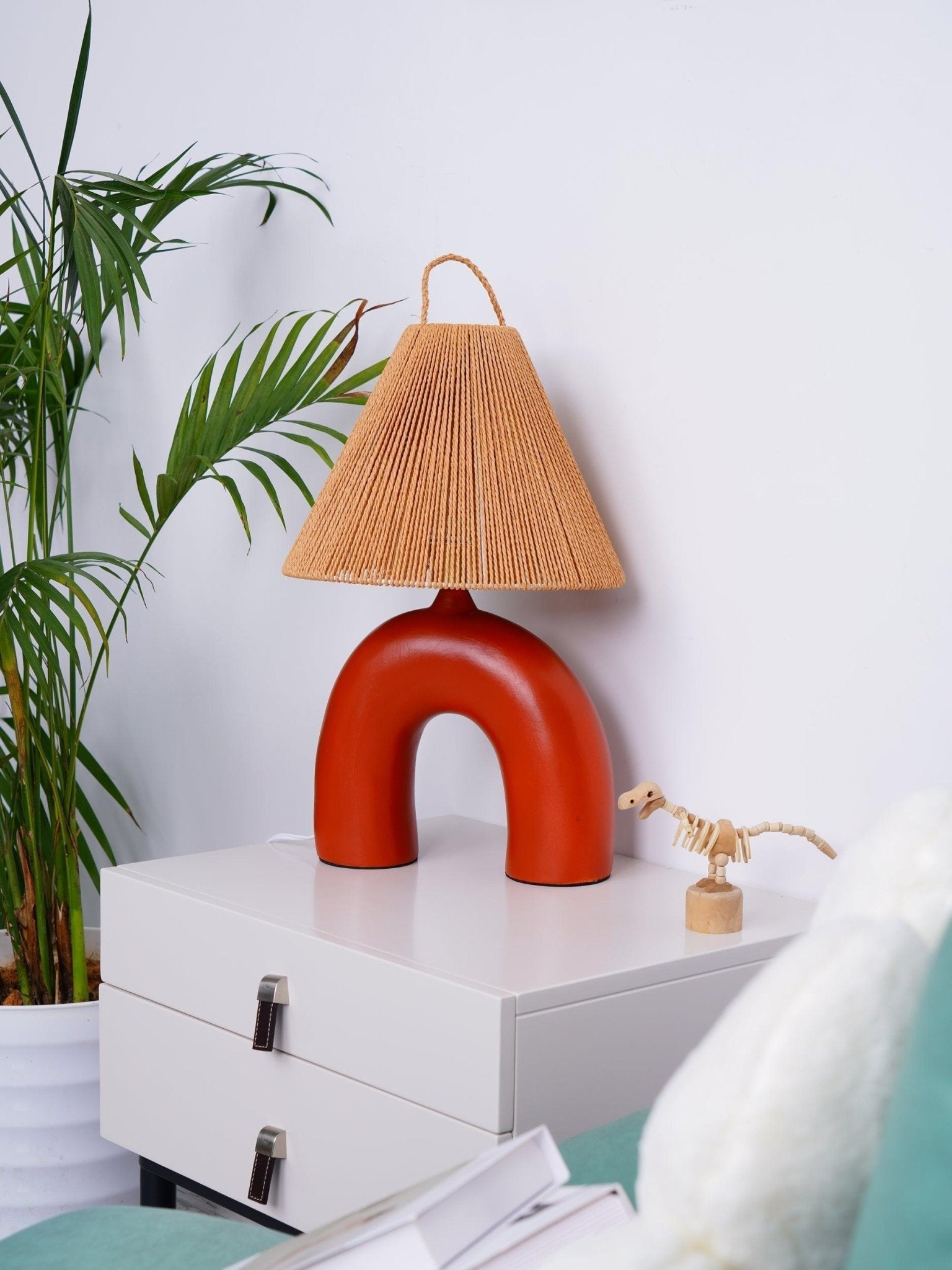 Sculptural Arched Ceramic Table Lamp with Braided Rope Shade and Handcrafted Base