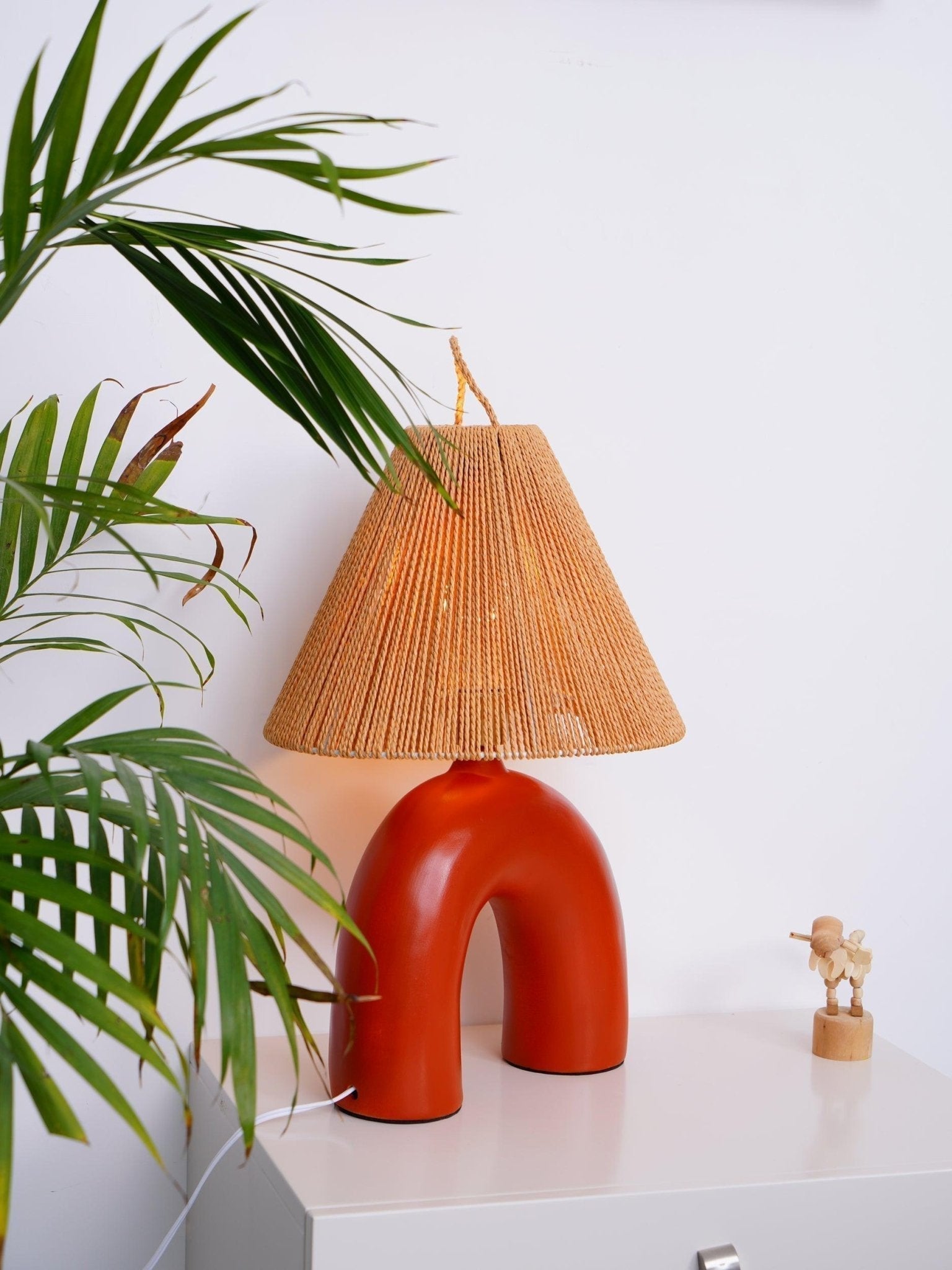 Sculptural Arched Ceramic Table Lamp with Braided Rope Shade and Handcrafted Base