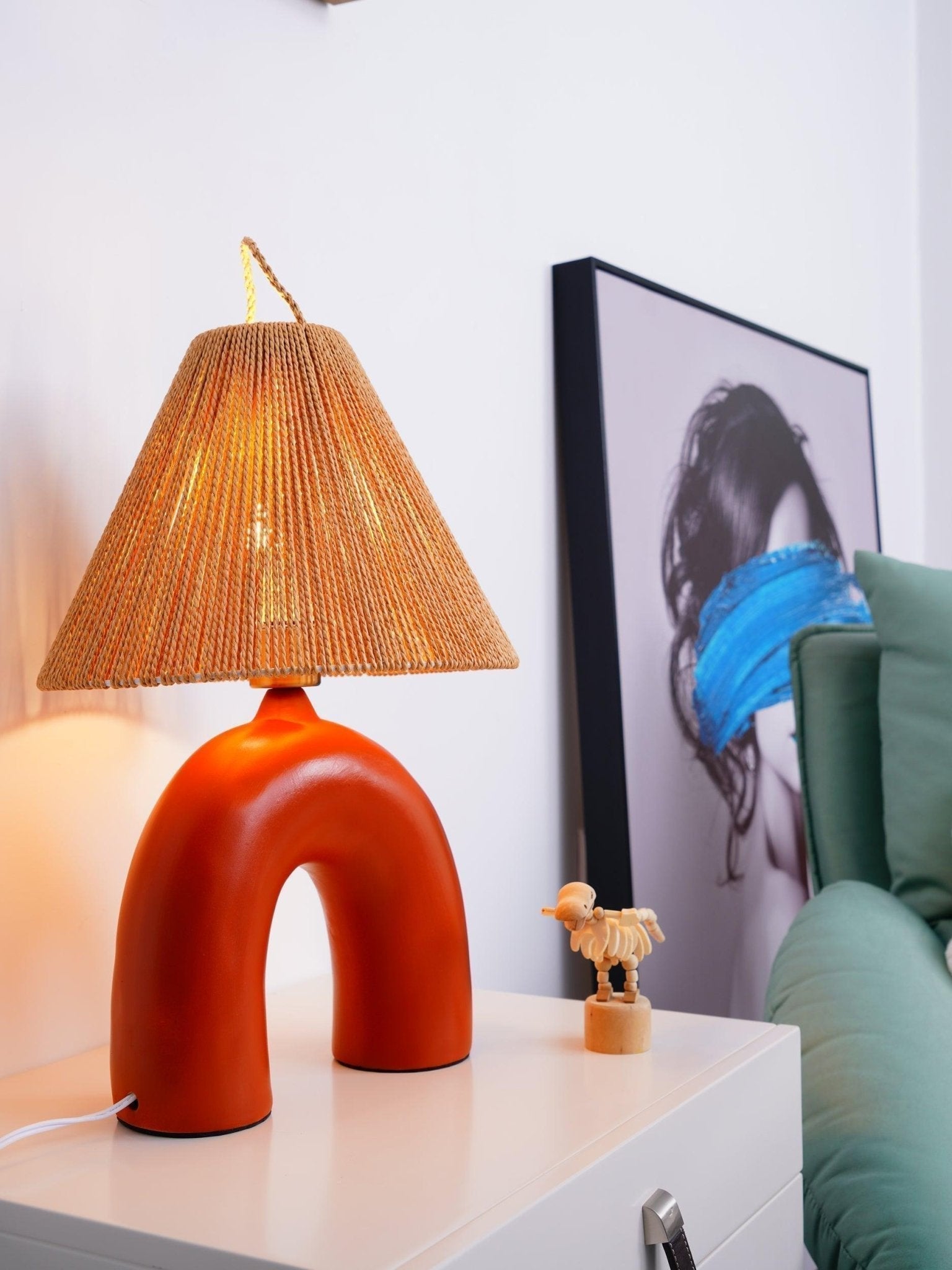 Sculptural Arched Ceramic Table Lamp with Braided Rope Shade and Handcrafted Base
