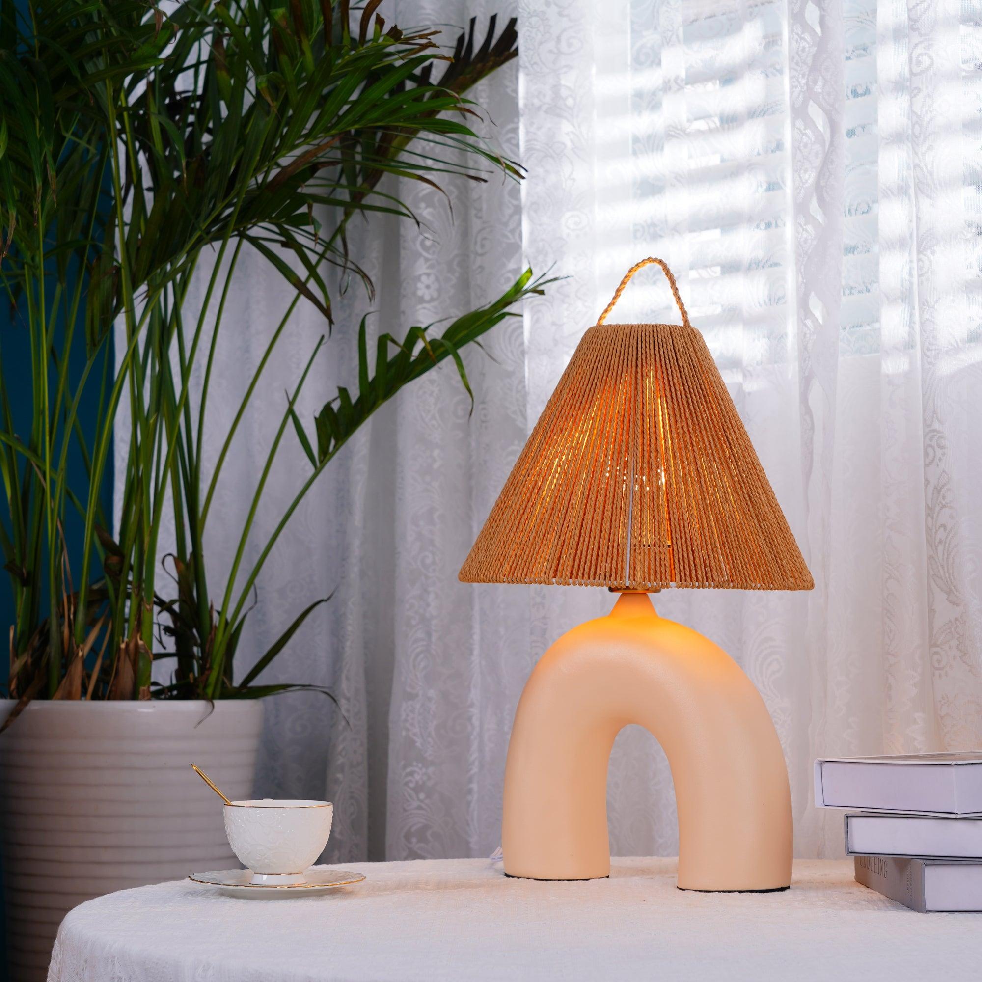 Sculptural Arched Ceramic Table Lamp with Braided Rope Shade and Handcrafted Base