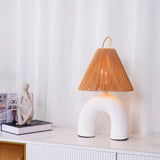Sculptural Arched Ceramic Table Lamp with Braided Rope Shade and Handcrafted Base